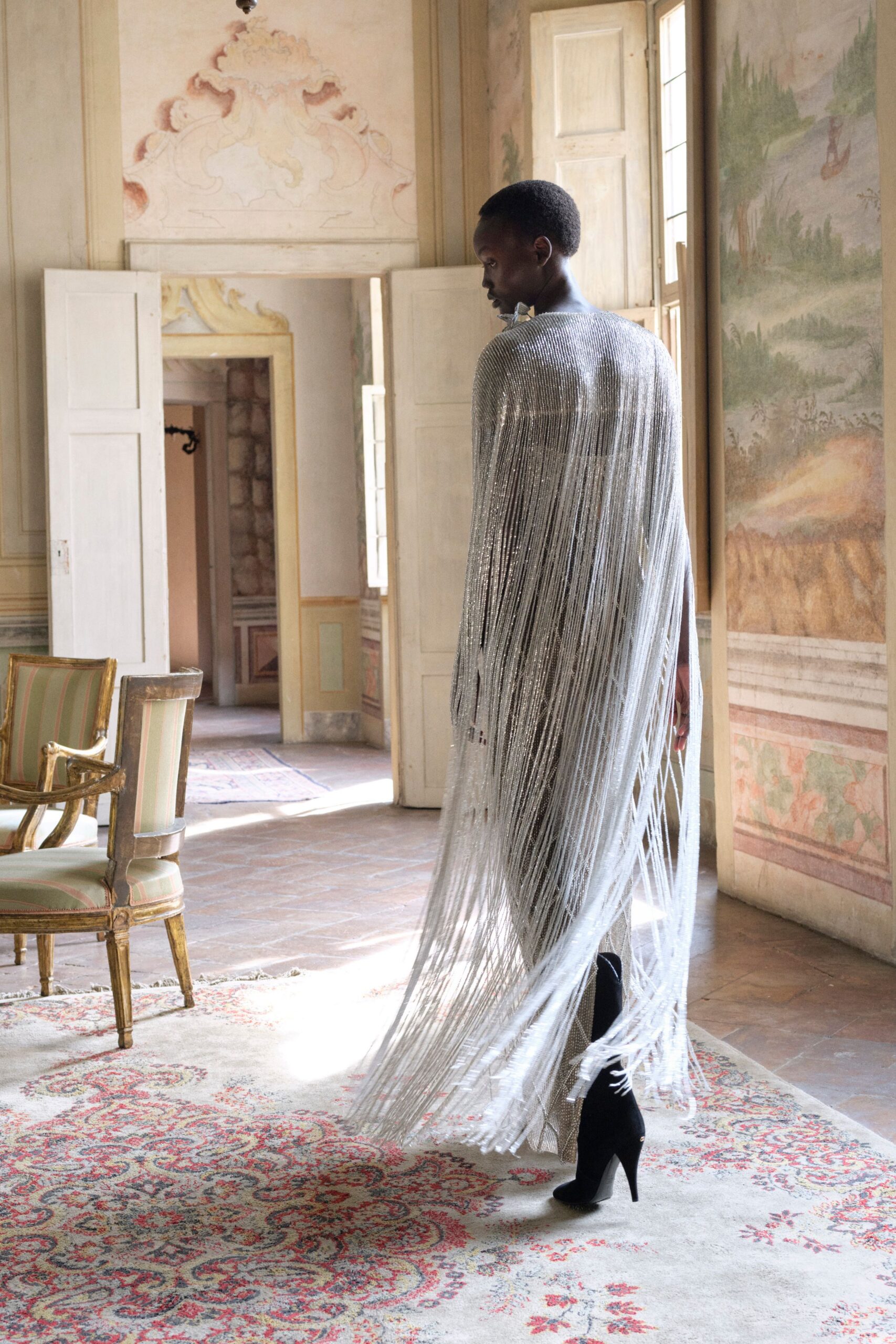 gray metallic long-sleeve fitted fringed shiny maxi gown