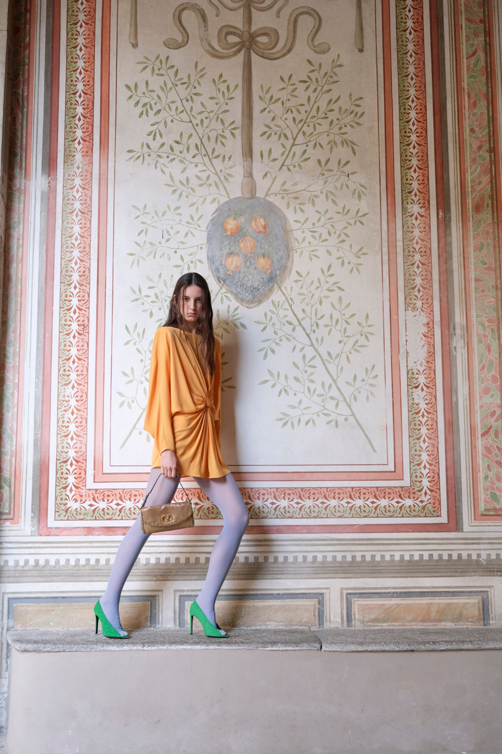 orange silk long-sleeve v-neck fitted draped mini dress