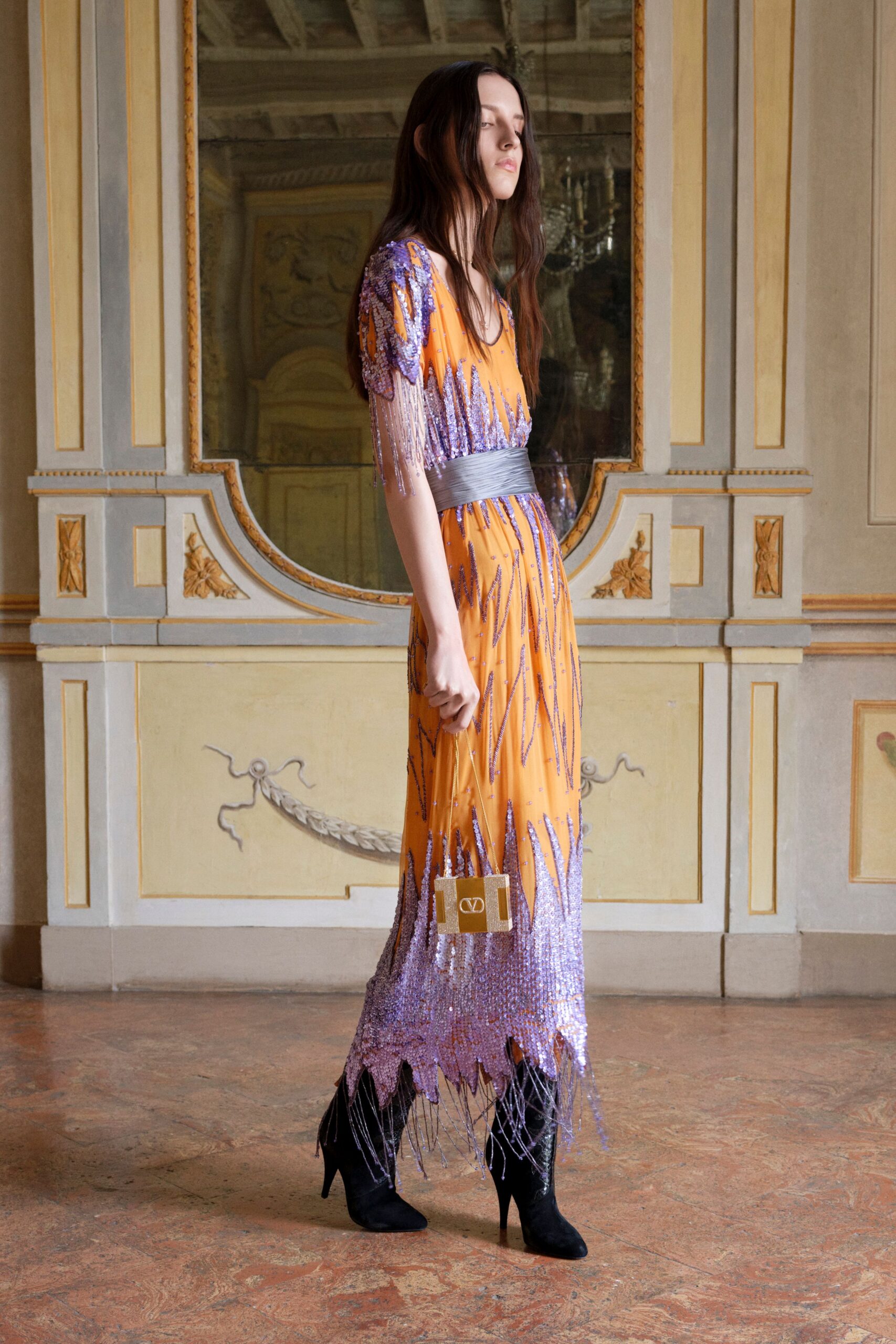 orange silk short-sleeve v-neck fitted beaded fringed dress