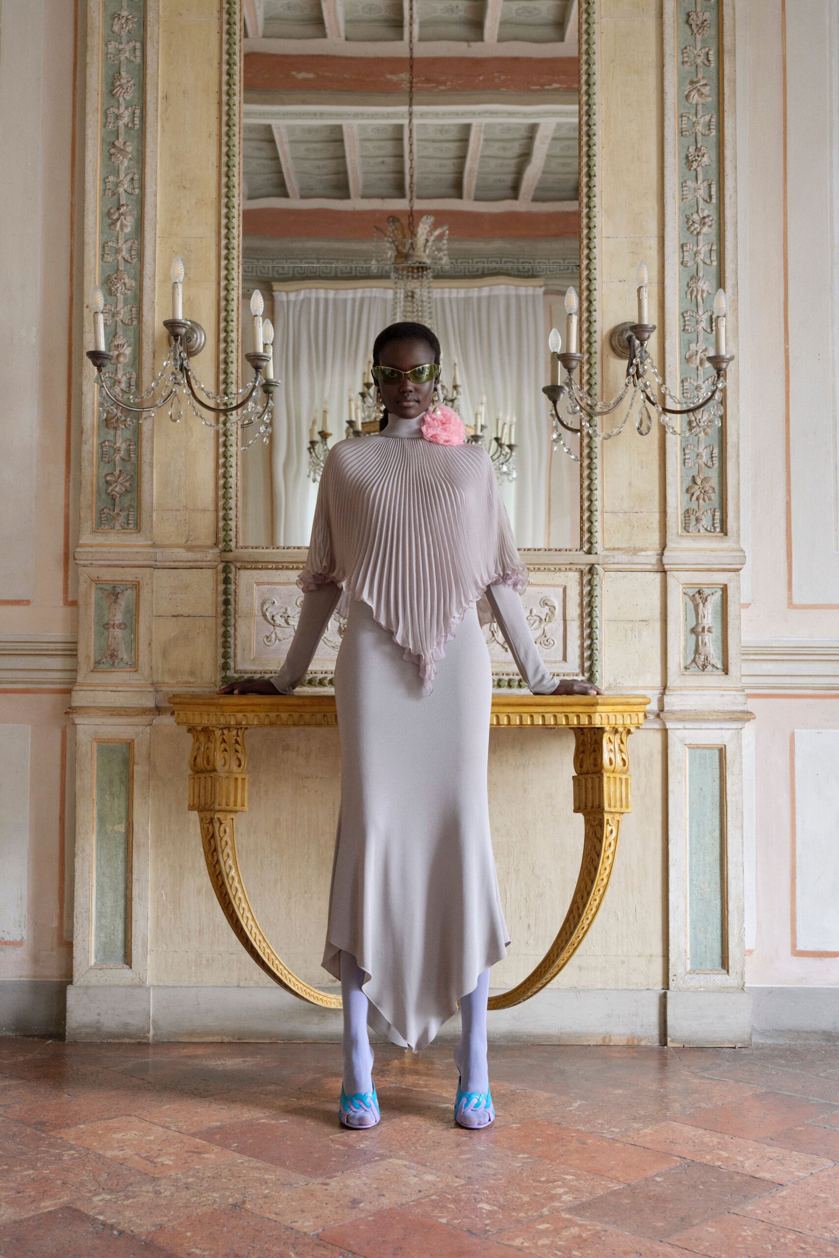 gray silk long-sleeve high-neck fitted pleated draped gown