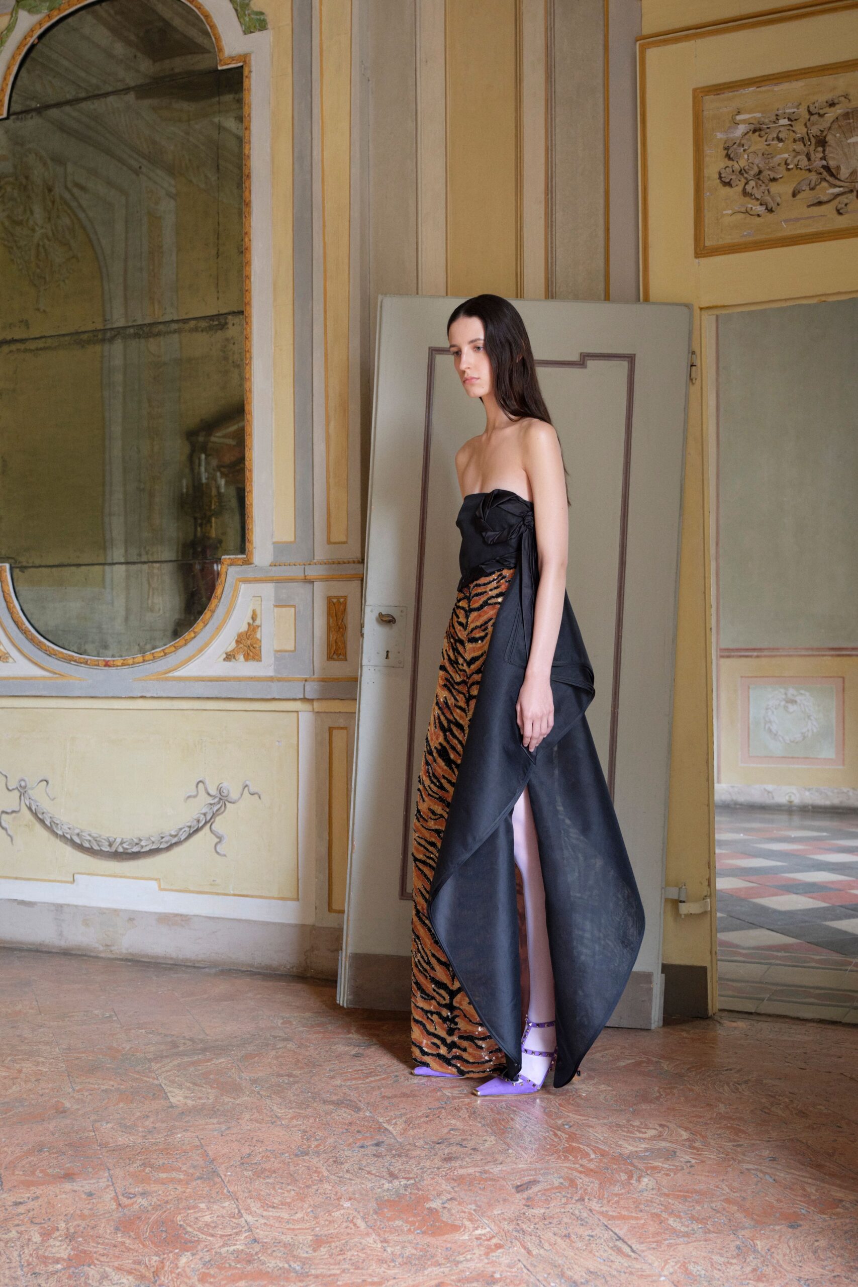 black silk strapless asymmetric fitted animal-print tiered gown