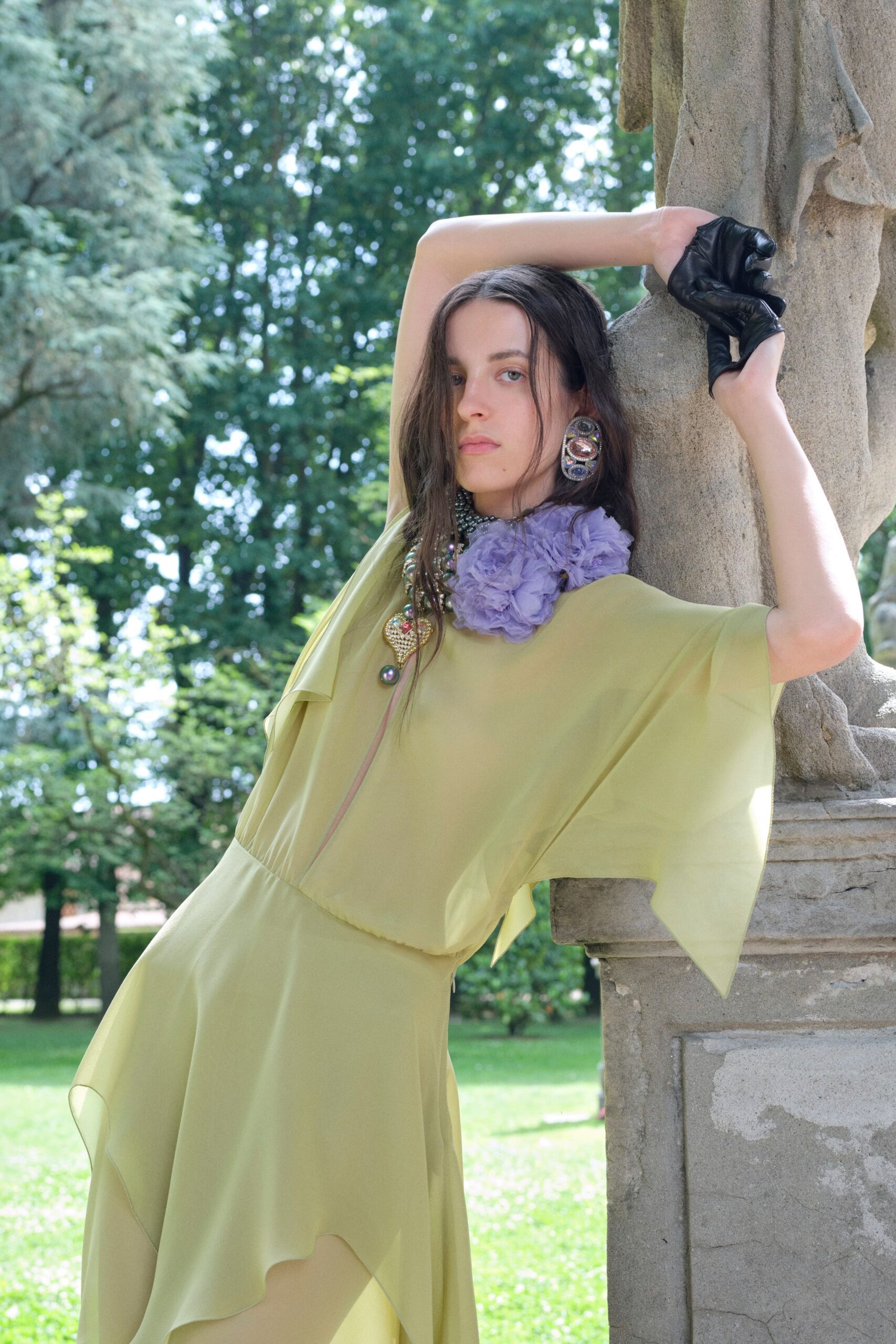 yellow chiffon sleeveless v-neck fitted layered sheer dress