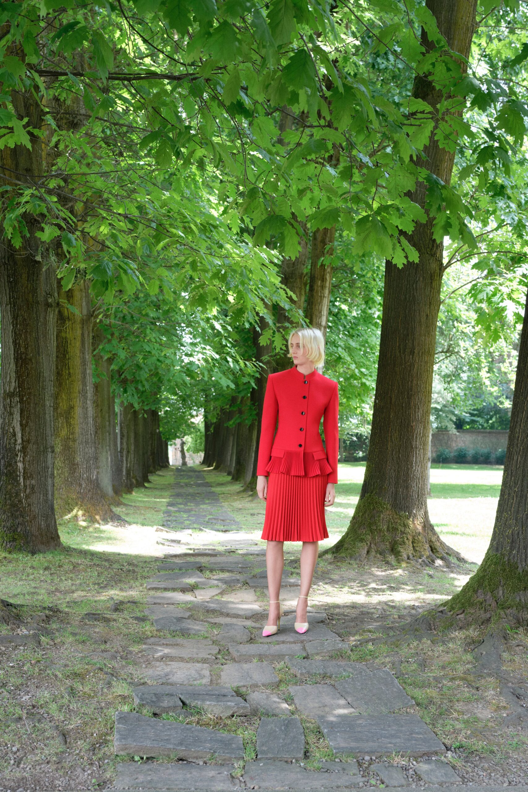 red cotton long-sleeve collared structured buttoned blazer