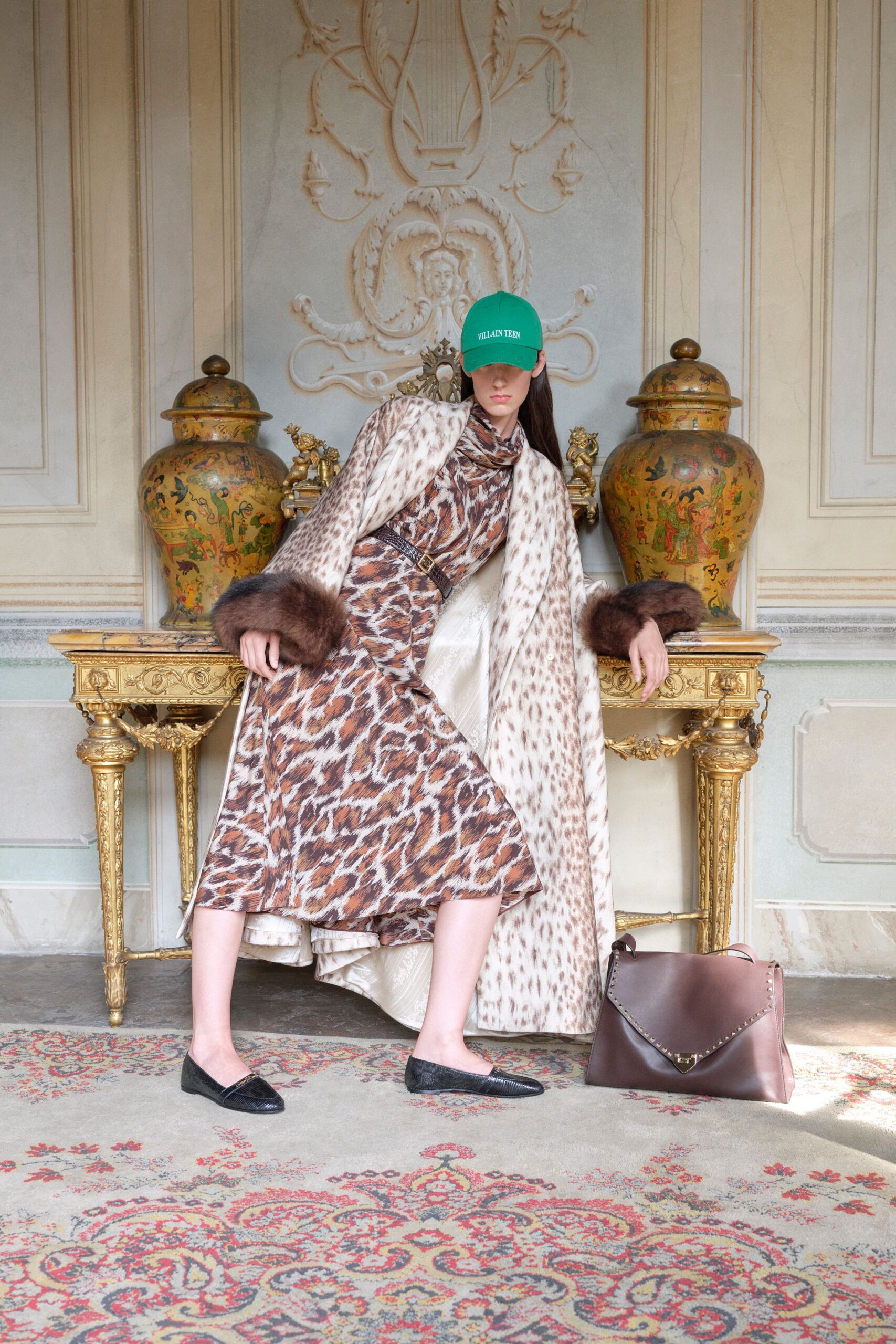 brown silk long-sleeve collared fitted animal-print midi dress