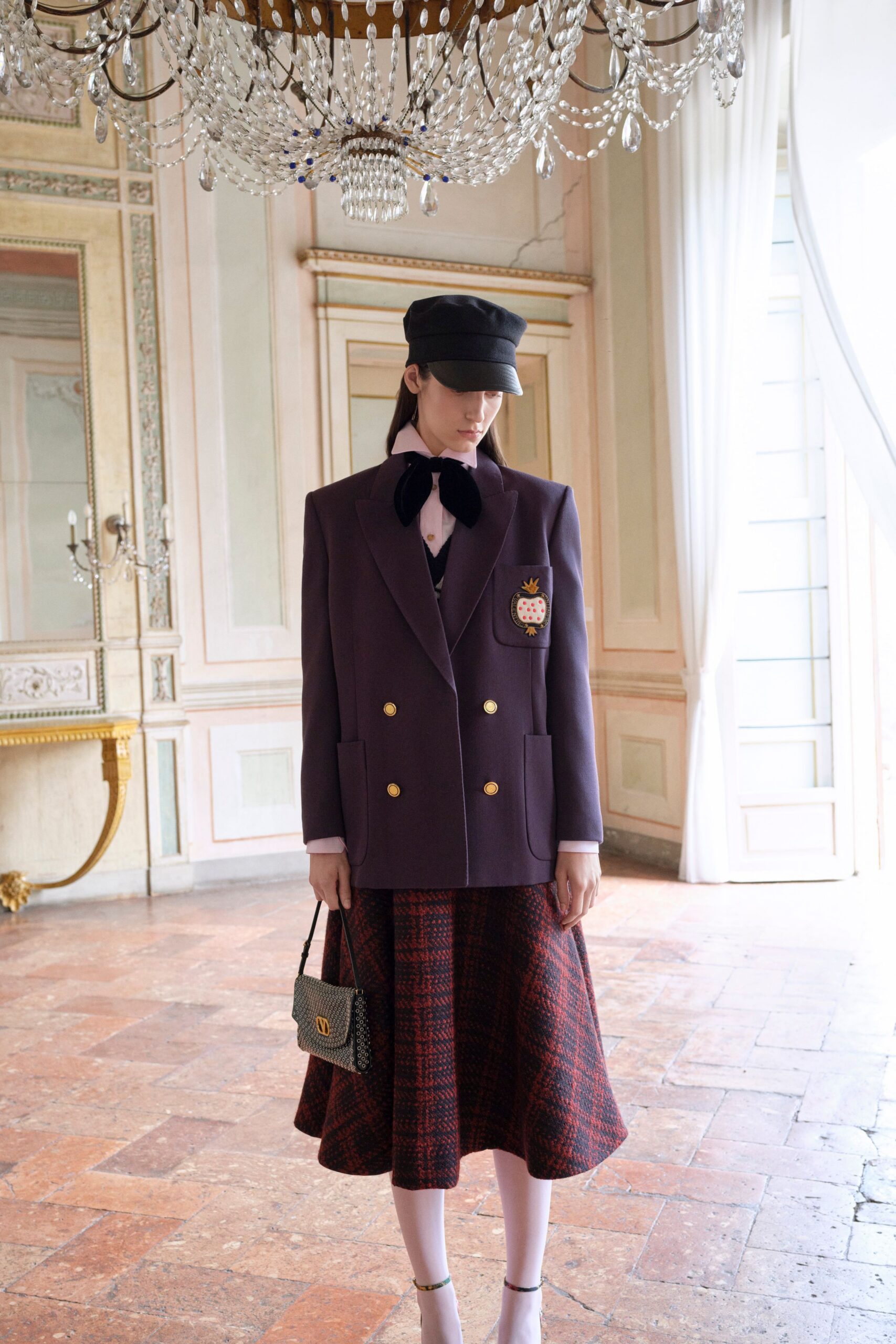 purple wool long-sleeve collared structured buttoned embroidered blazer