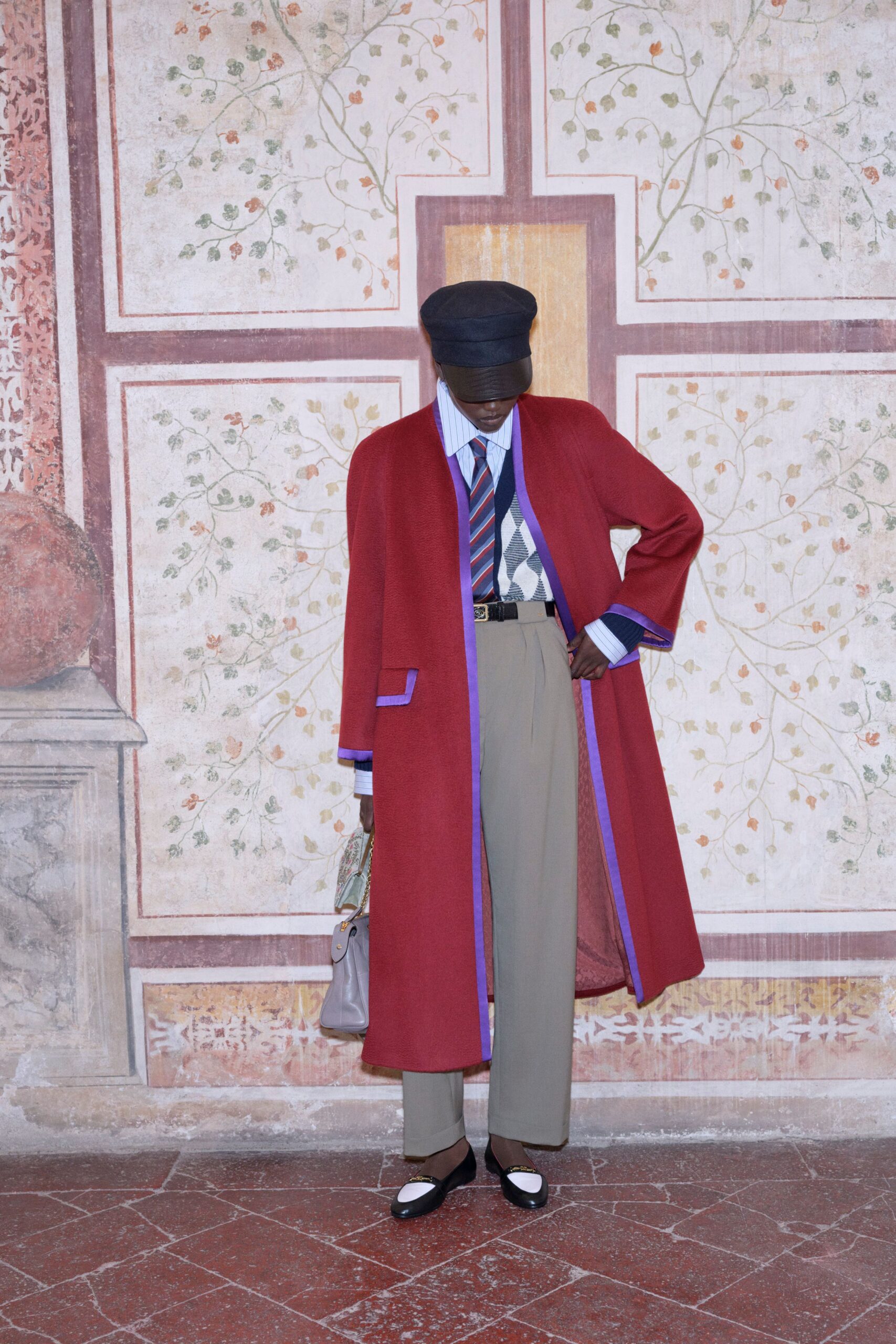 red coat with beige pants