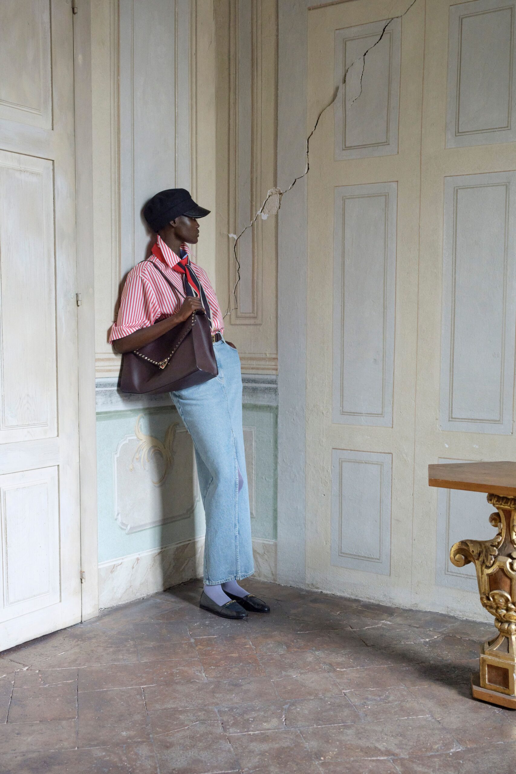 blue denim fitted straight-leg pants