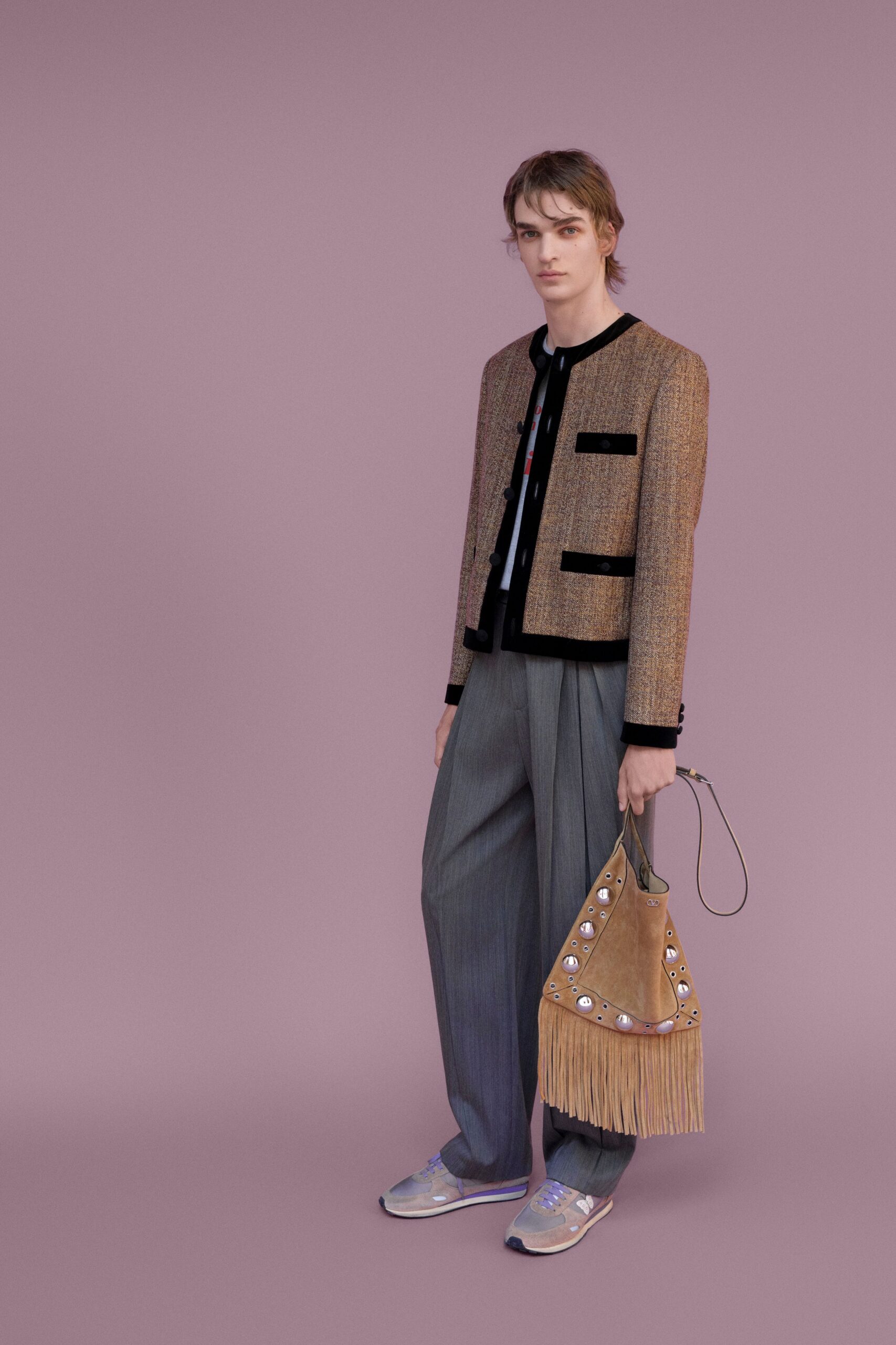 brown tweed long-sleeve collared tailored buttoned jacket
