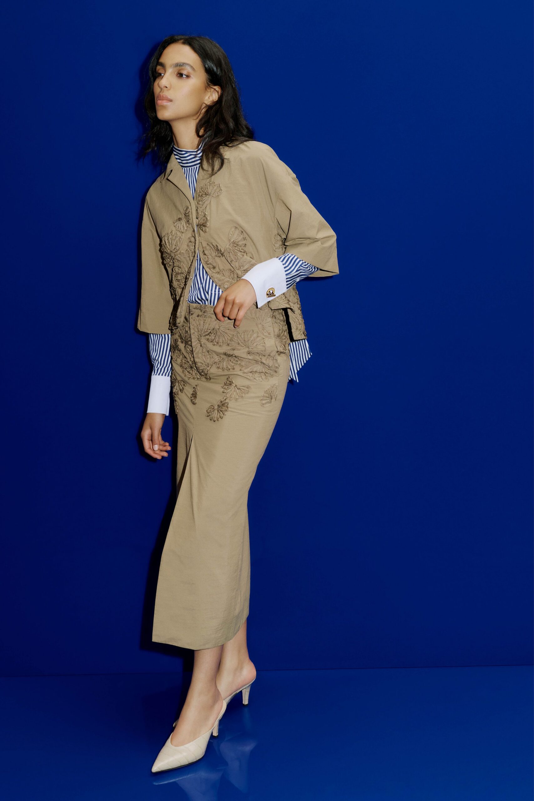 beige cotton fitted straight-leg midi skirt
