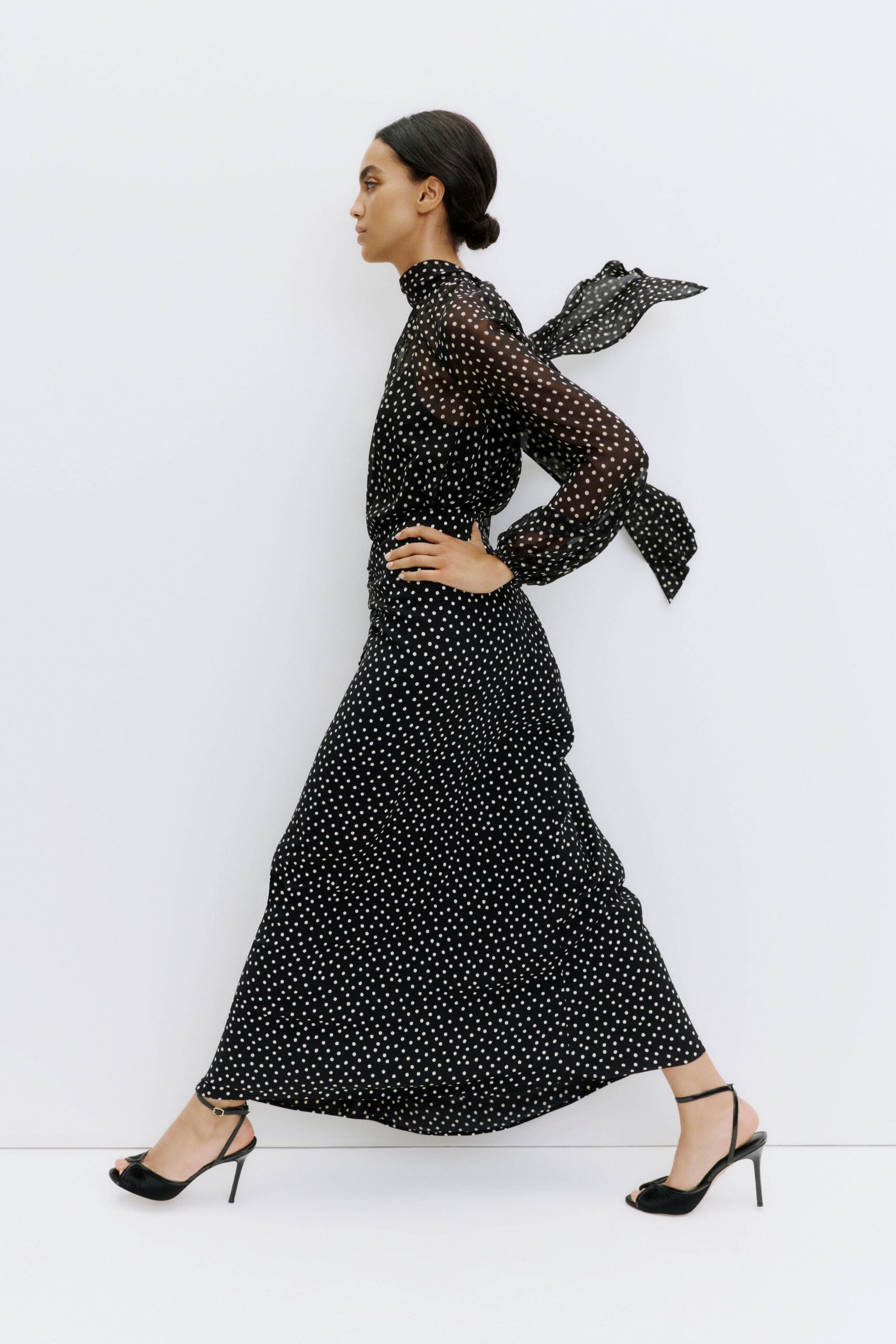 black silk long-sleeve high-neck fitted polka-dot tiered dress