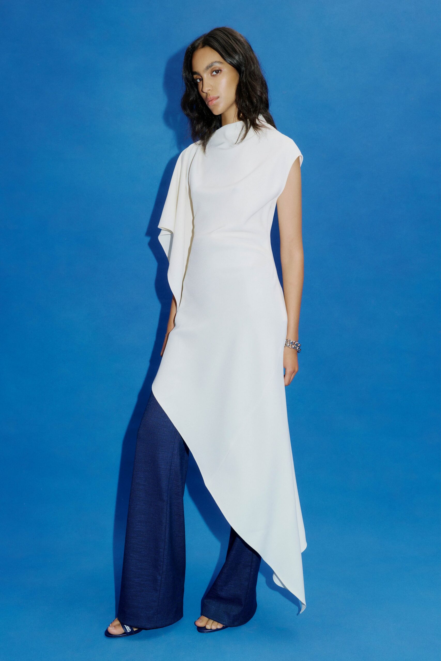 white cotton sleeveless high-neck fitted draped maxi dress