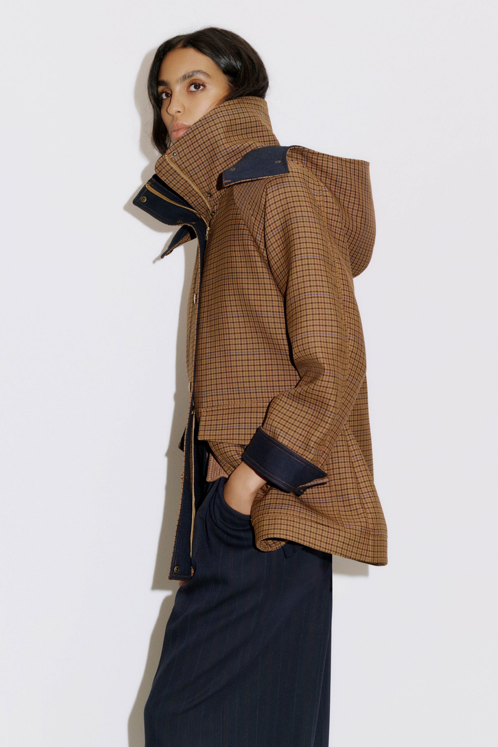 brown cotton long-sleeve hooded relaxed checked jacket