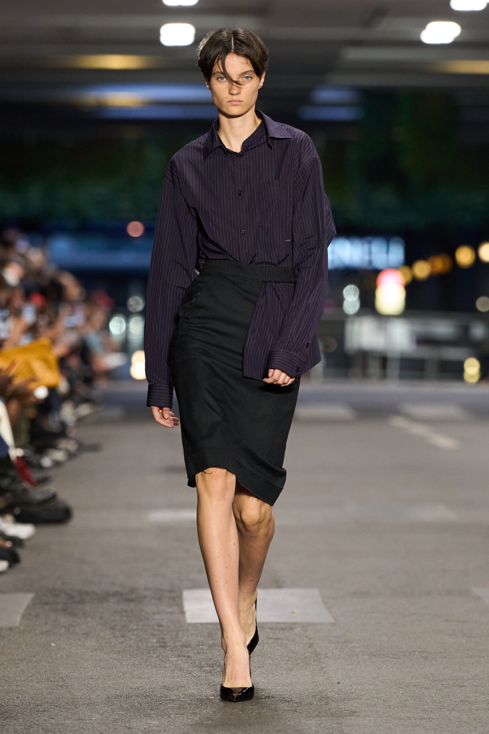 purple striped shirt black pencil skirt
