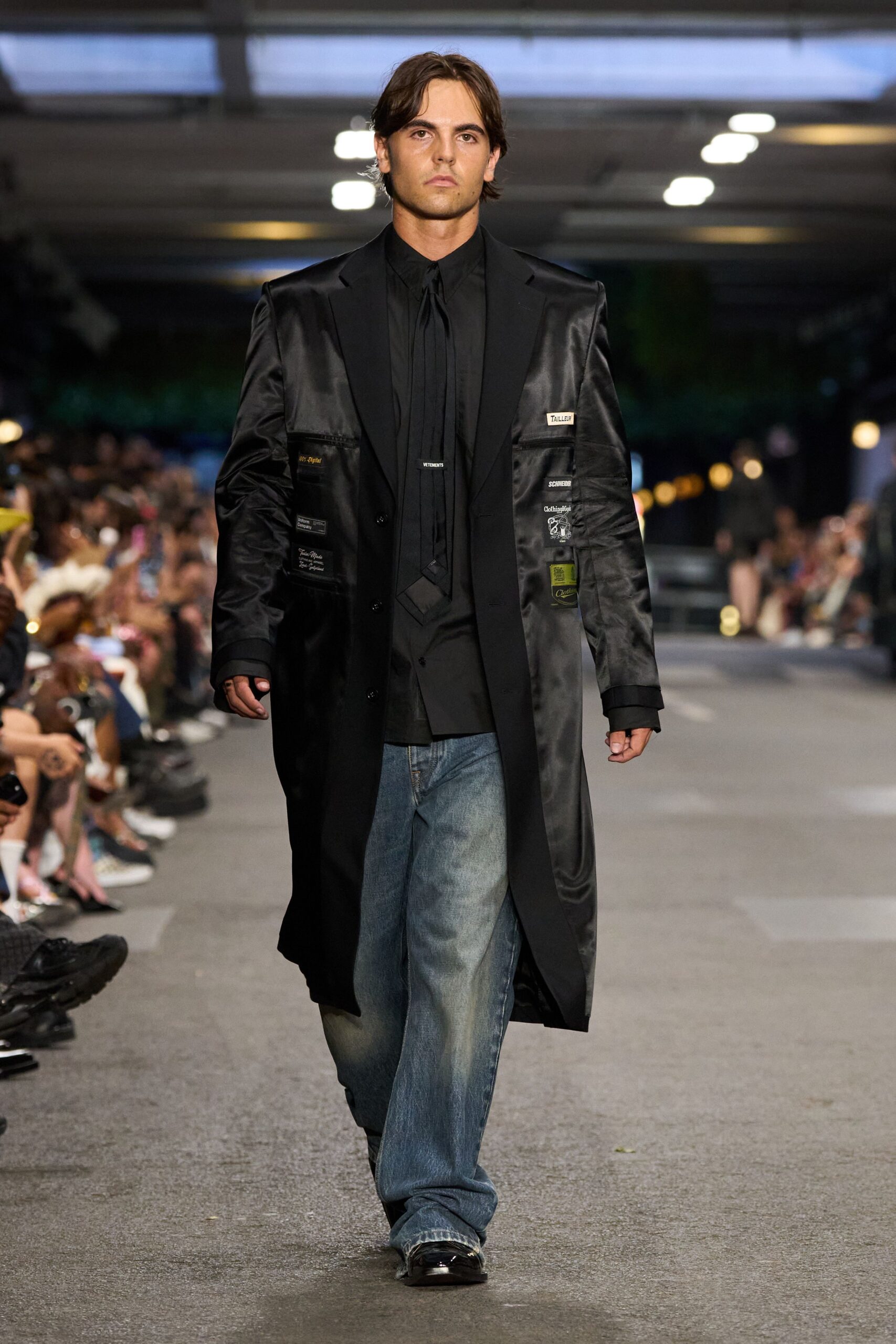 black silk long-sleeve collared relaxed buttoned shiny coat