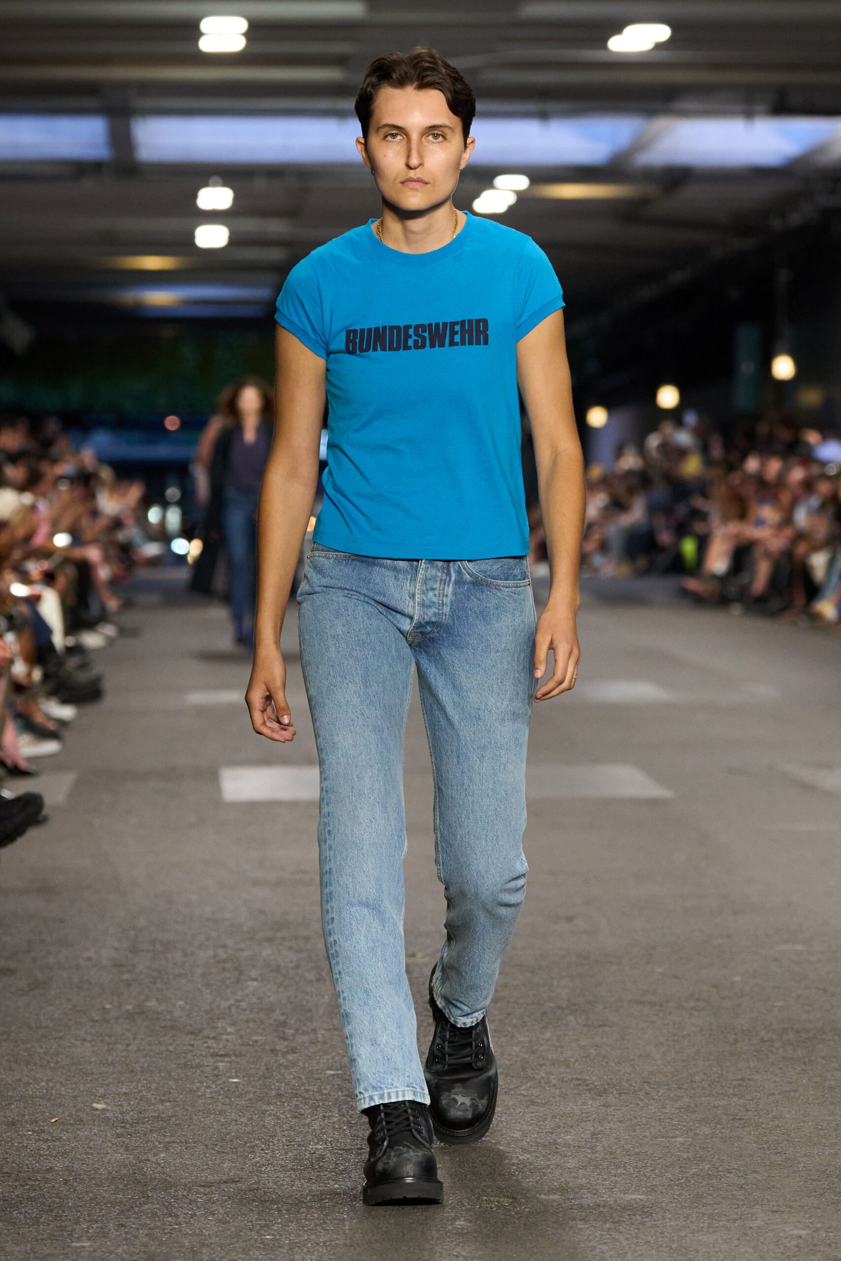 blue t-shirt with jeans and boots