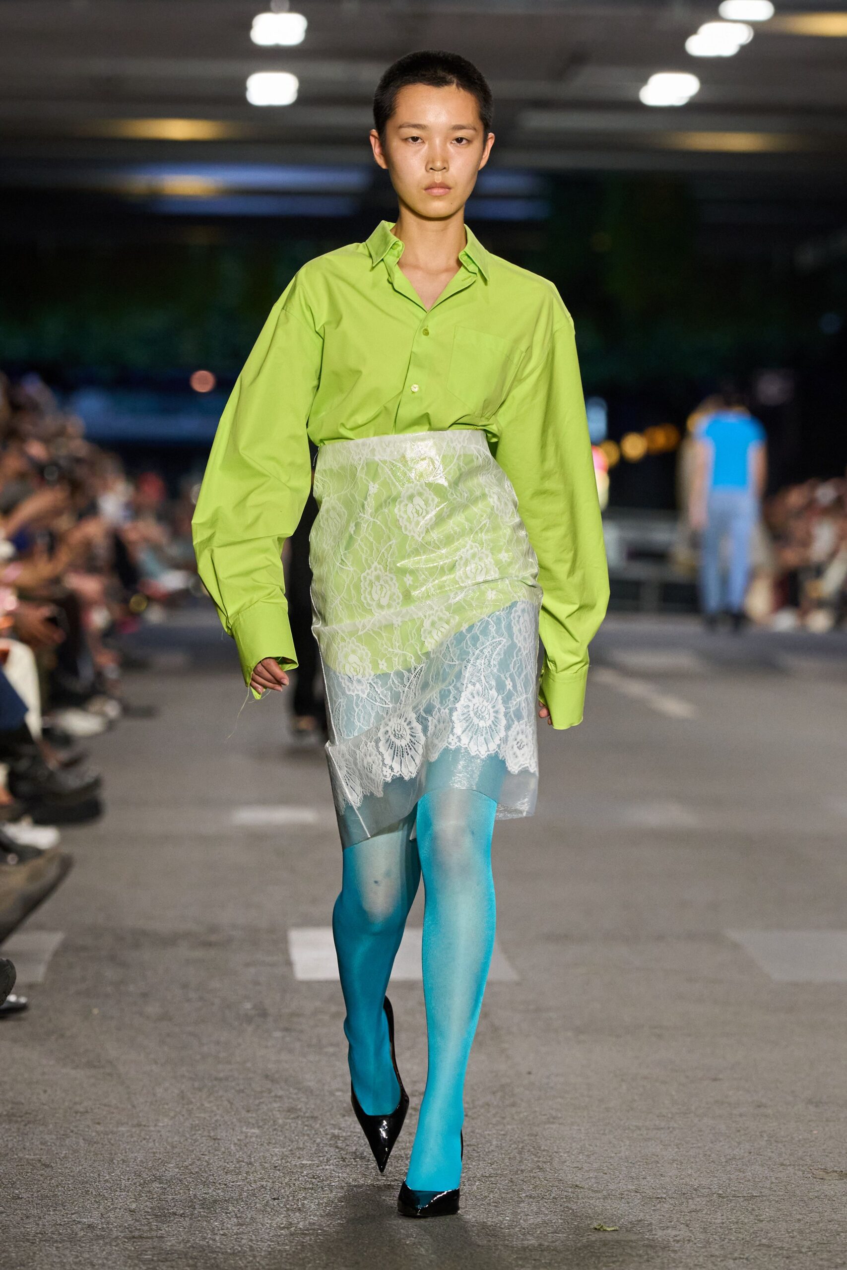 green oversized shirt with lace skirt