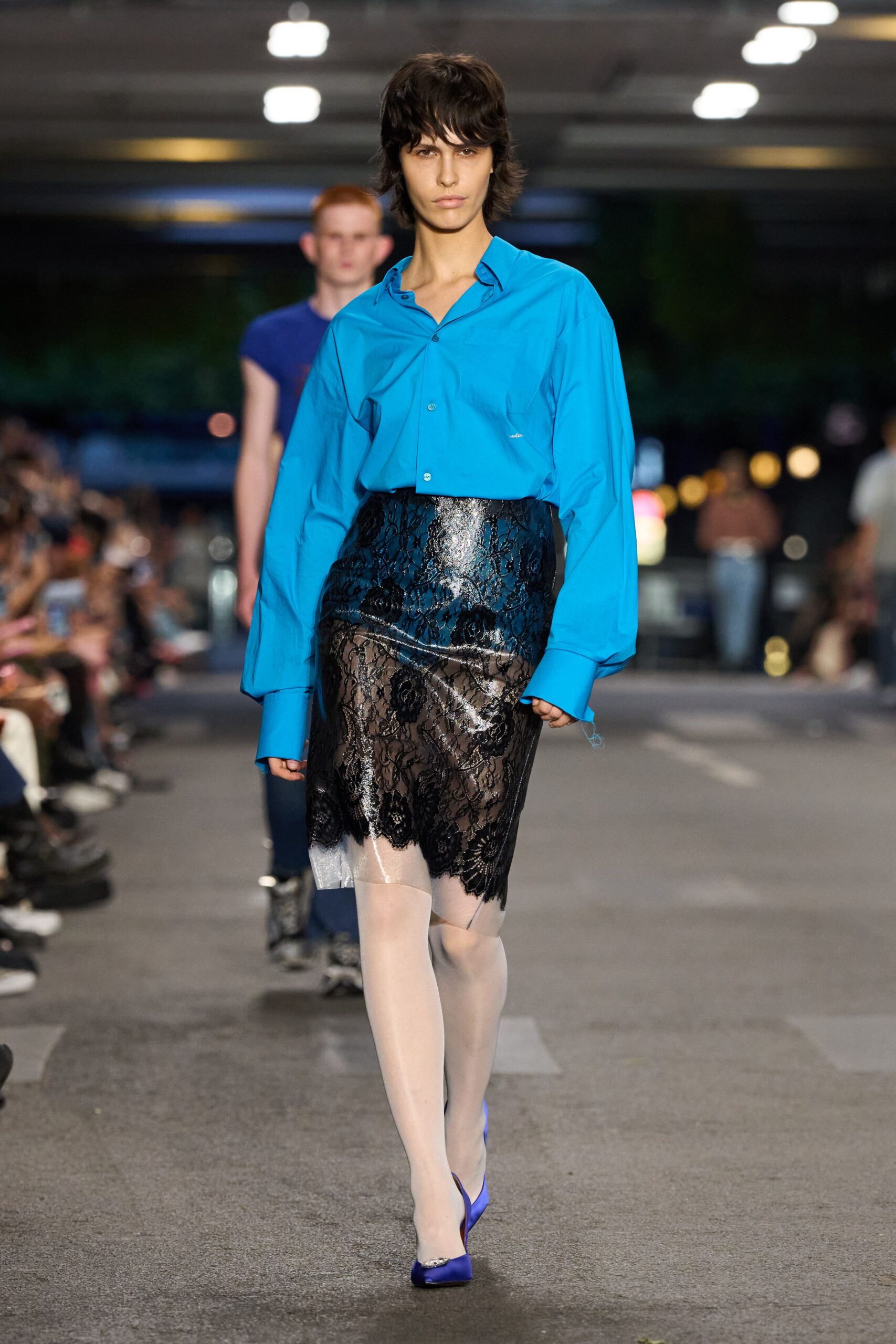 blue relaxed shirt with black lace skirt