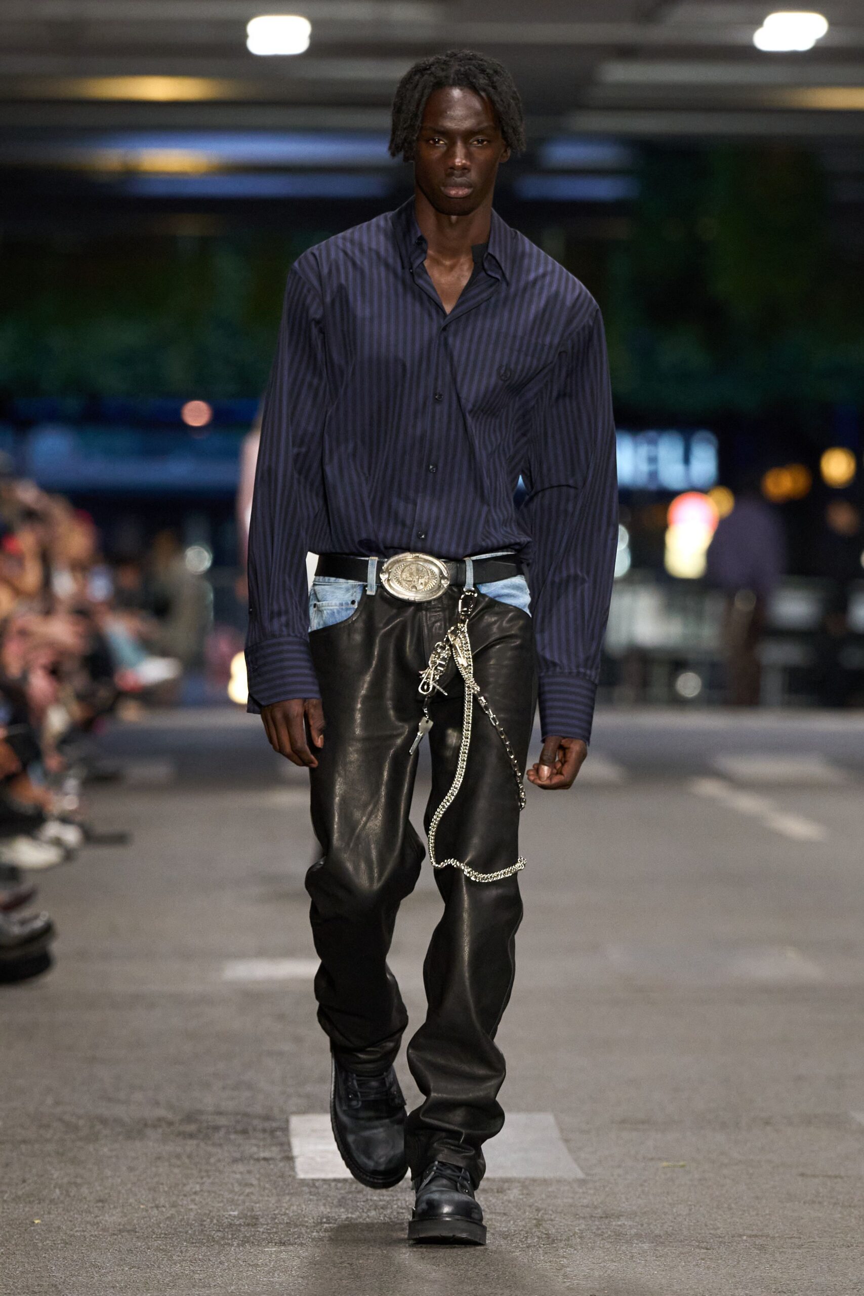 blue striped shirt black leather pants