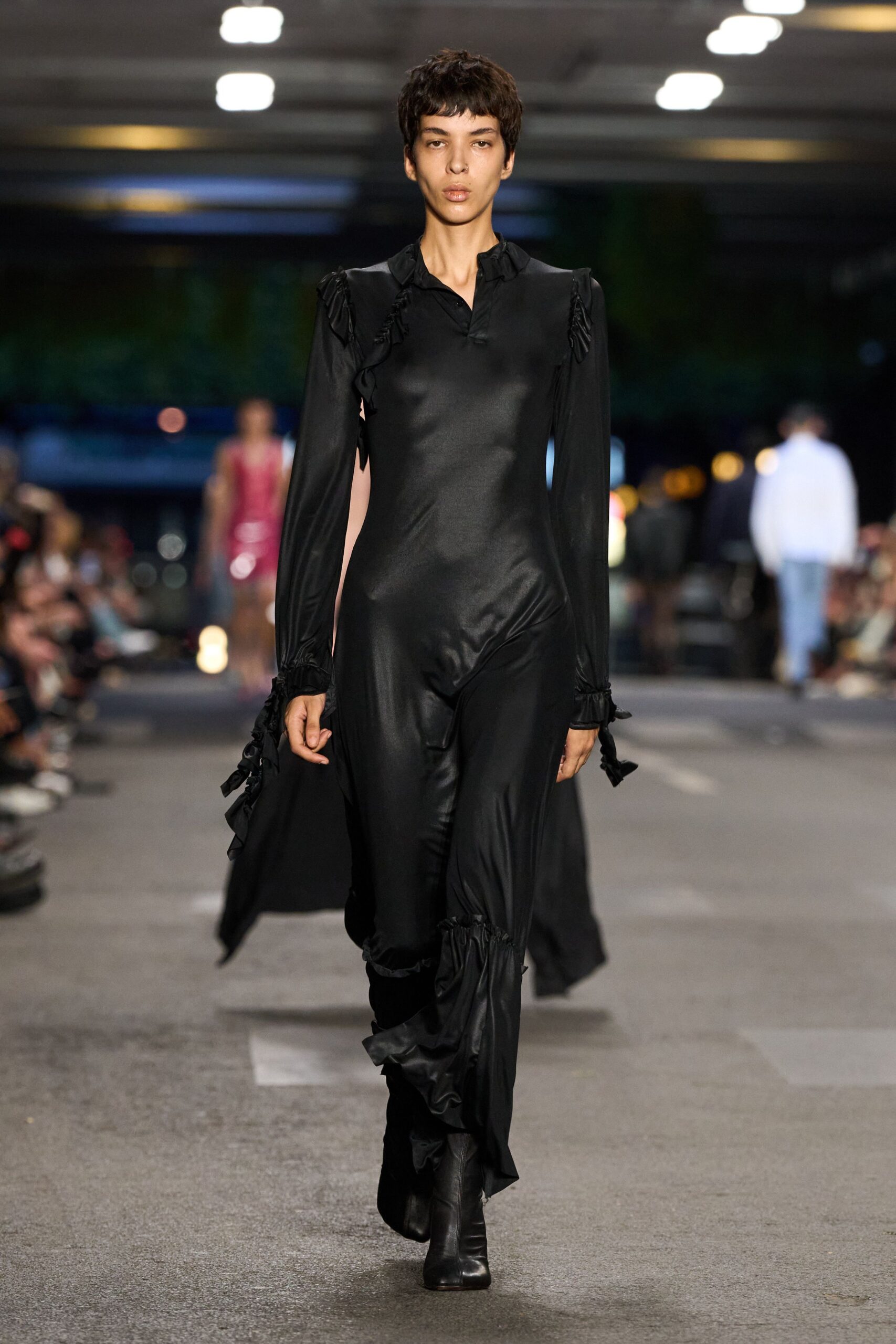 black silk long-sleeve collared fitted ruffled draped dress
