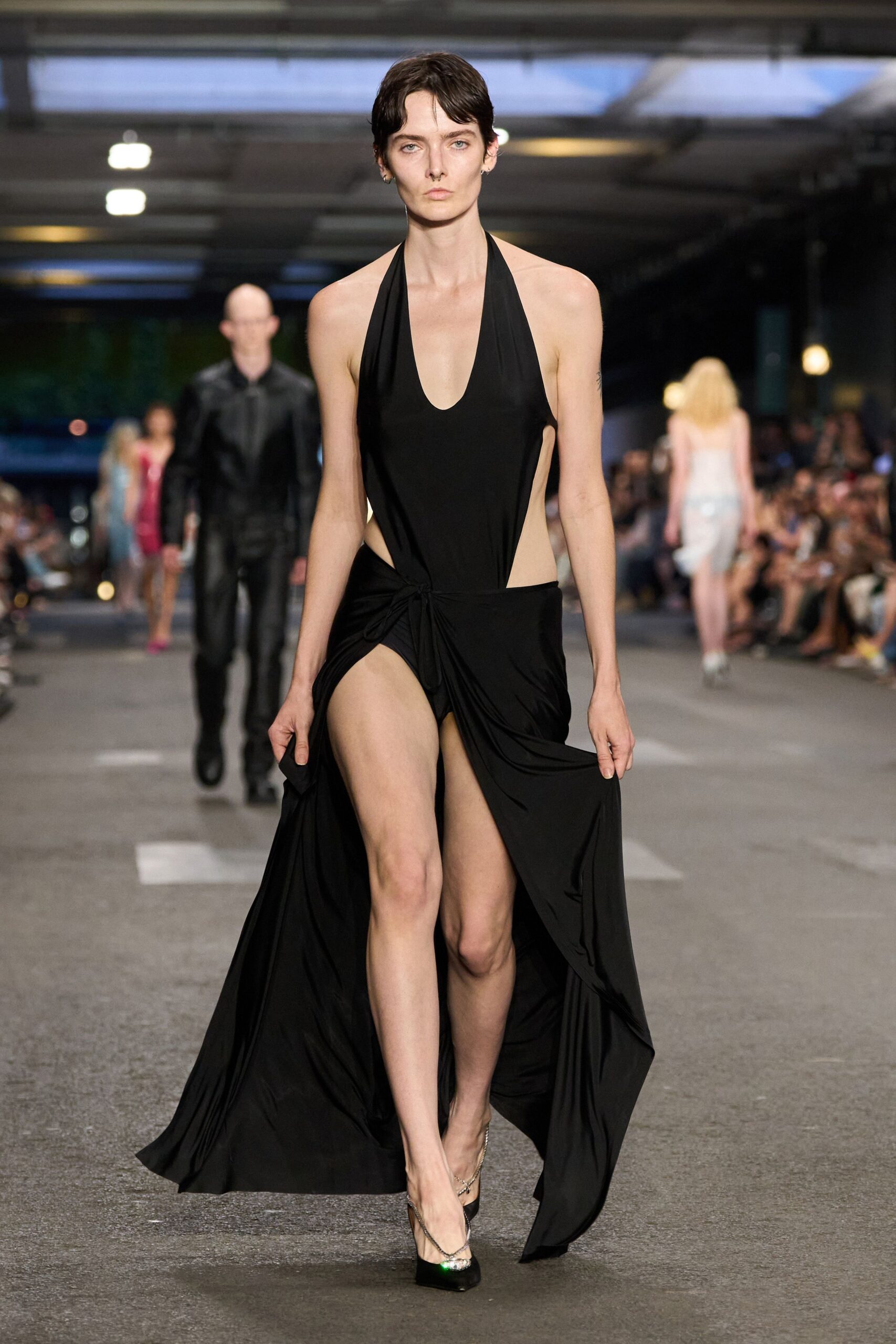black silk sleeveless v-neck fitted draped maxi gown
