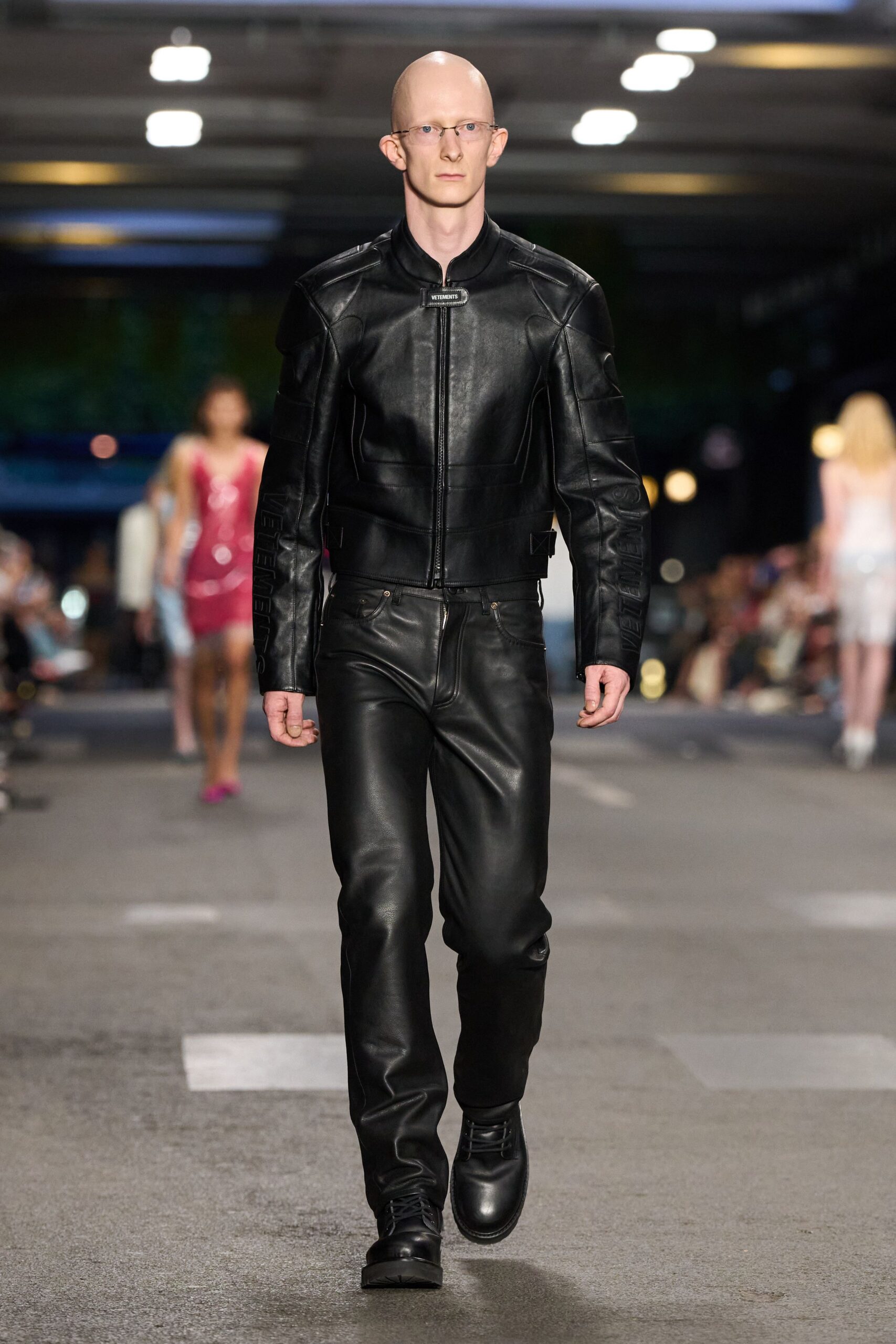 black leather fitted jacket and pants