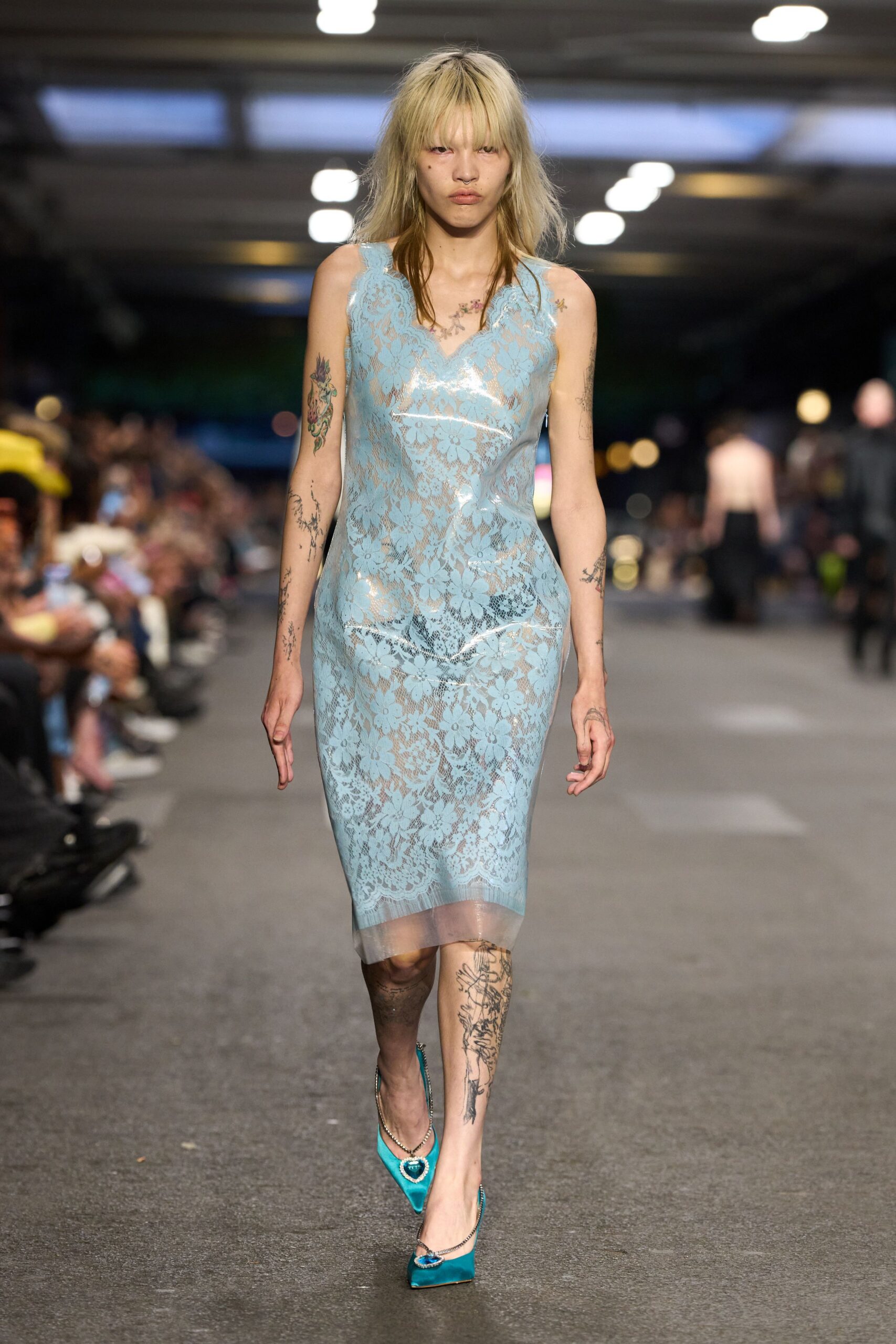 blue lace fitted midi dress