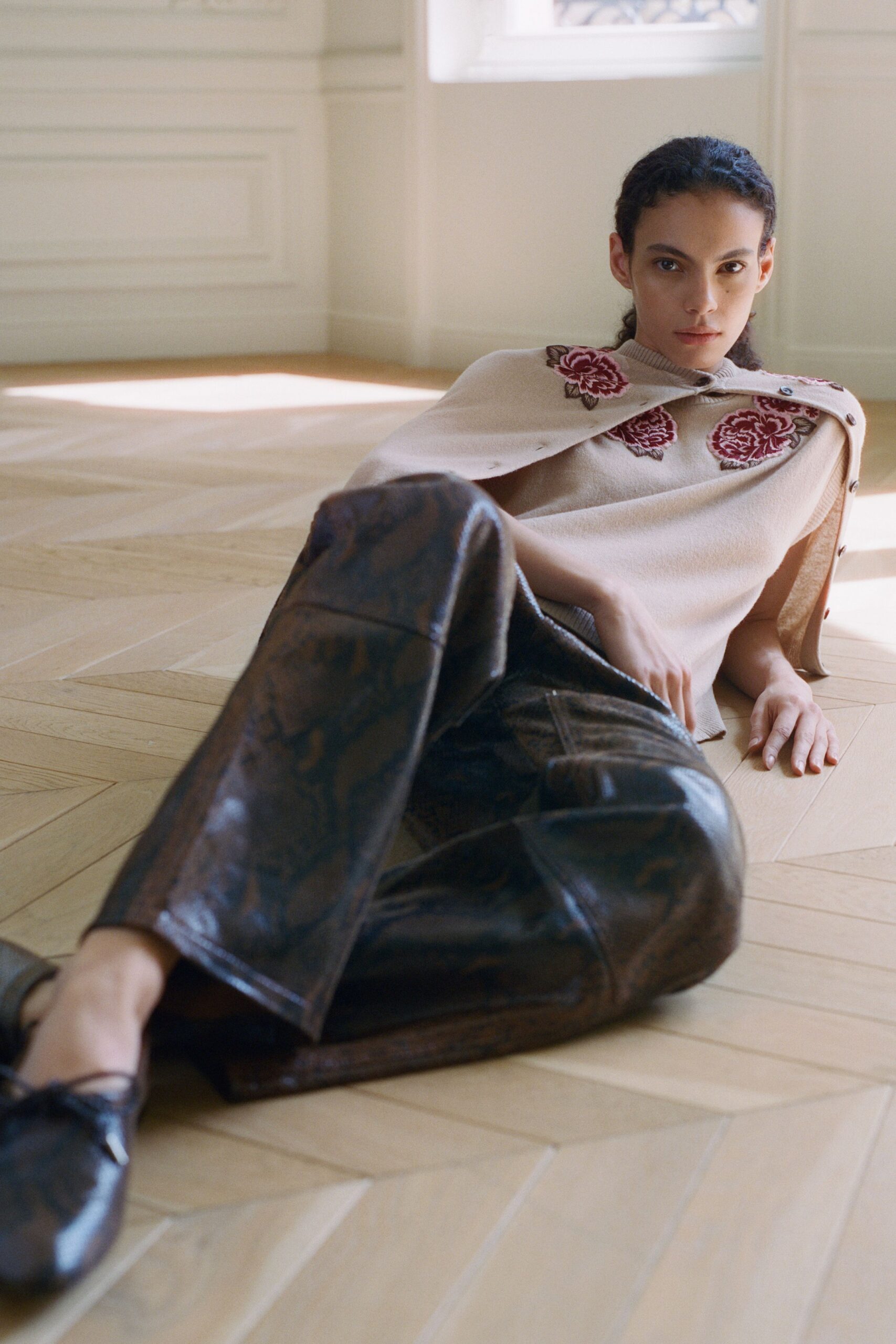 beige wool cape with embroidered details