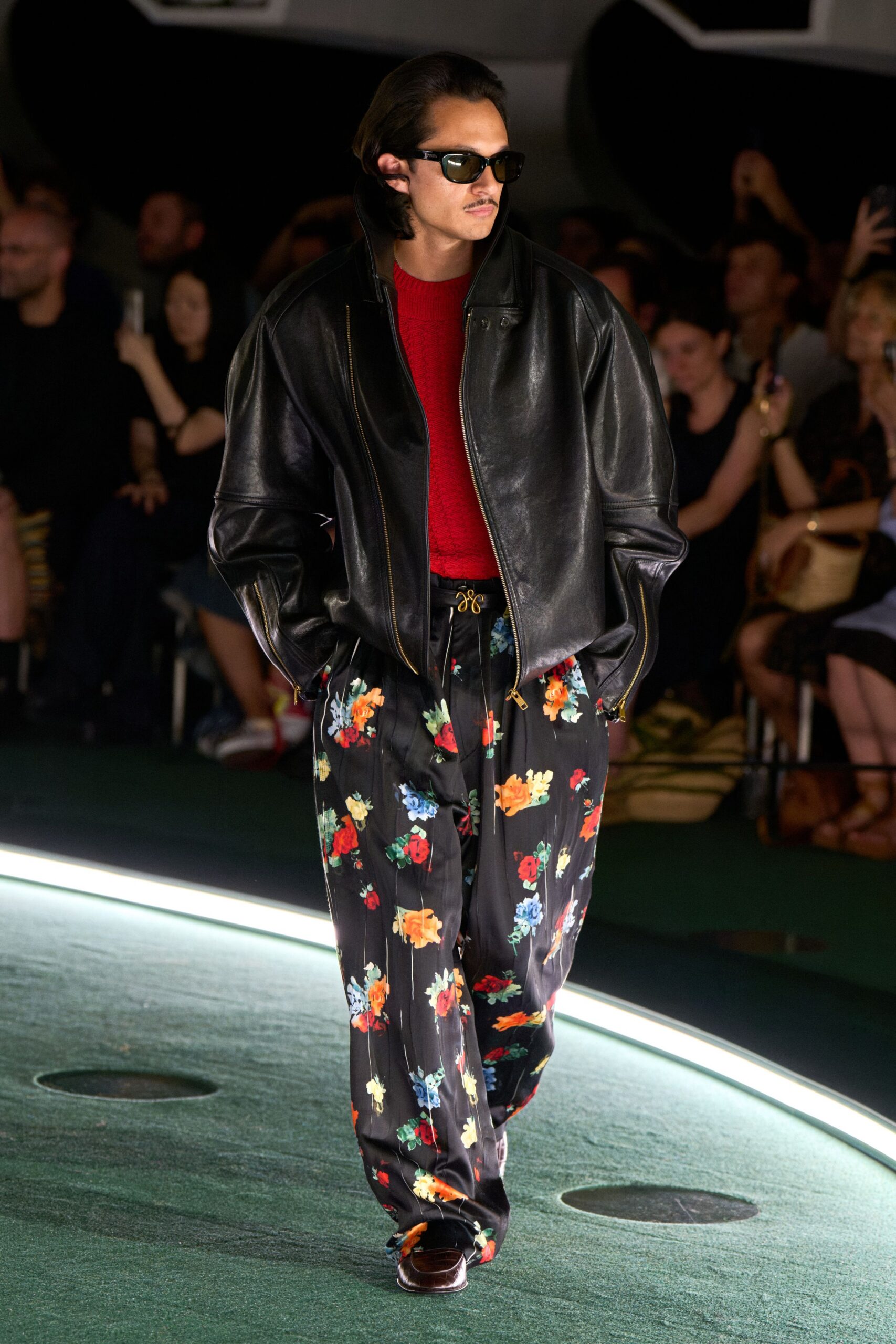 black leather oversized jacket with floral pants