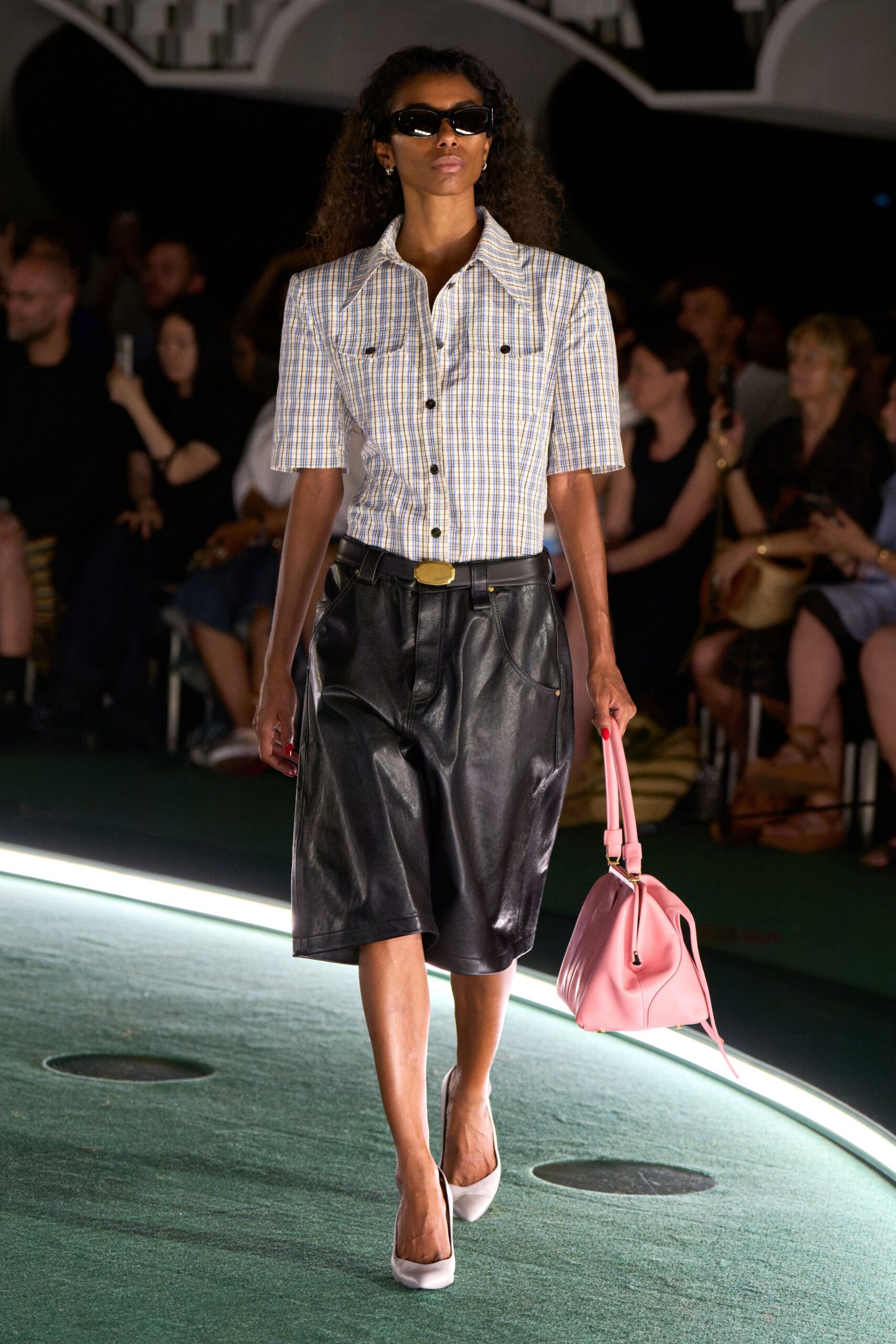 fitted checked shirt with leather skirt