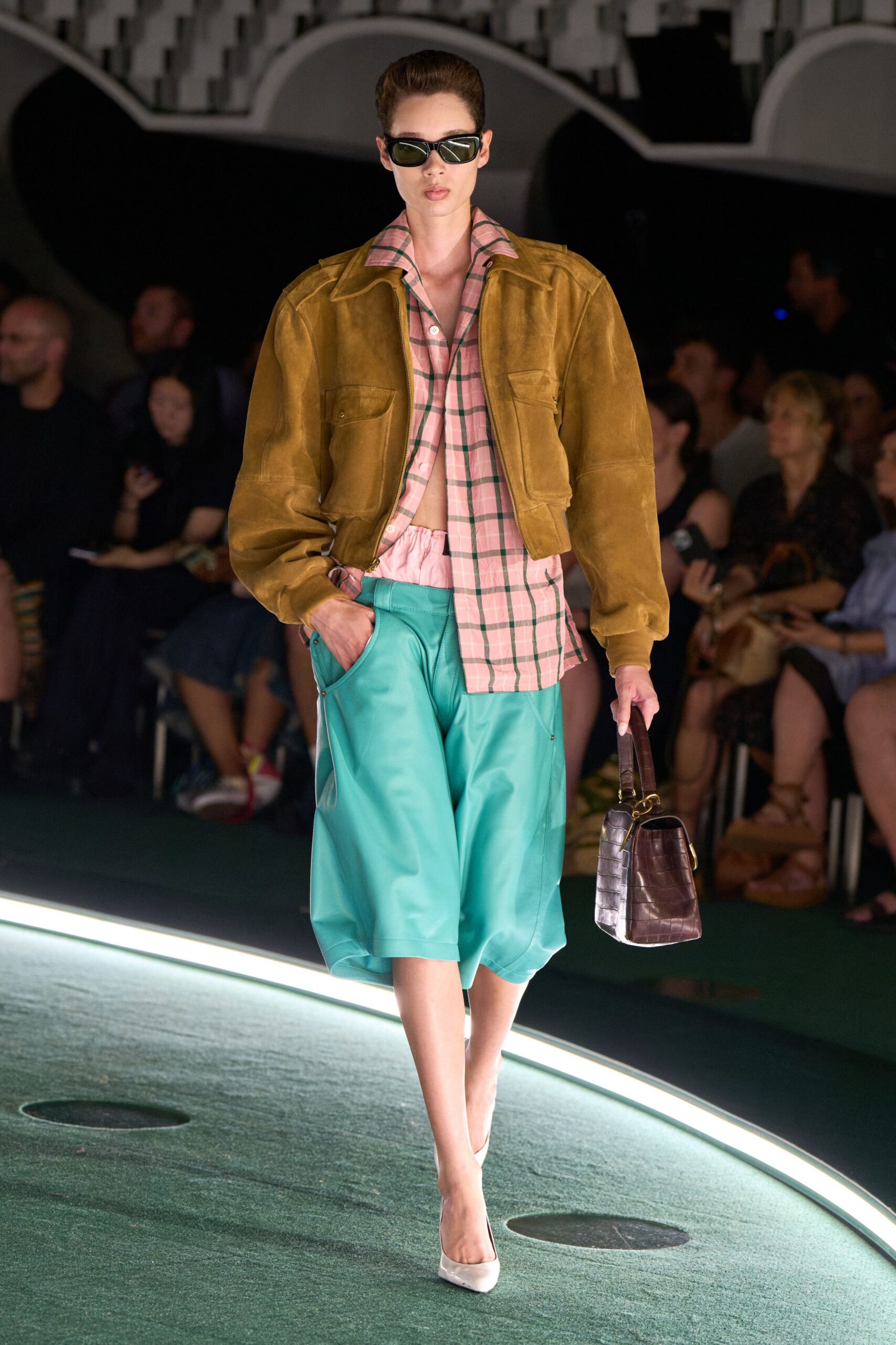 brown suede jacket with checked shirt