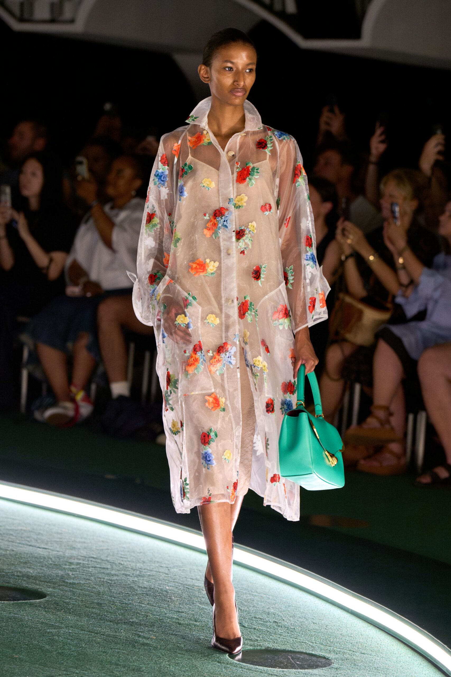 clear mesh long-sleeve collared relaxed embroidered sheer coat