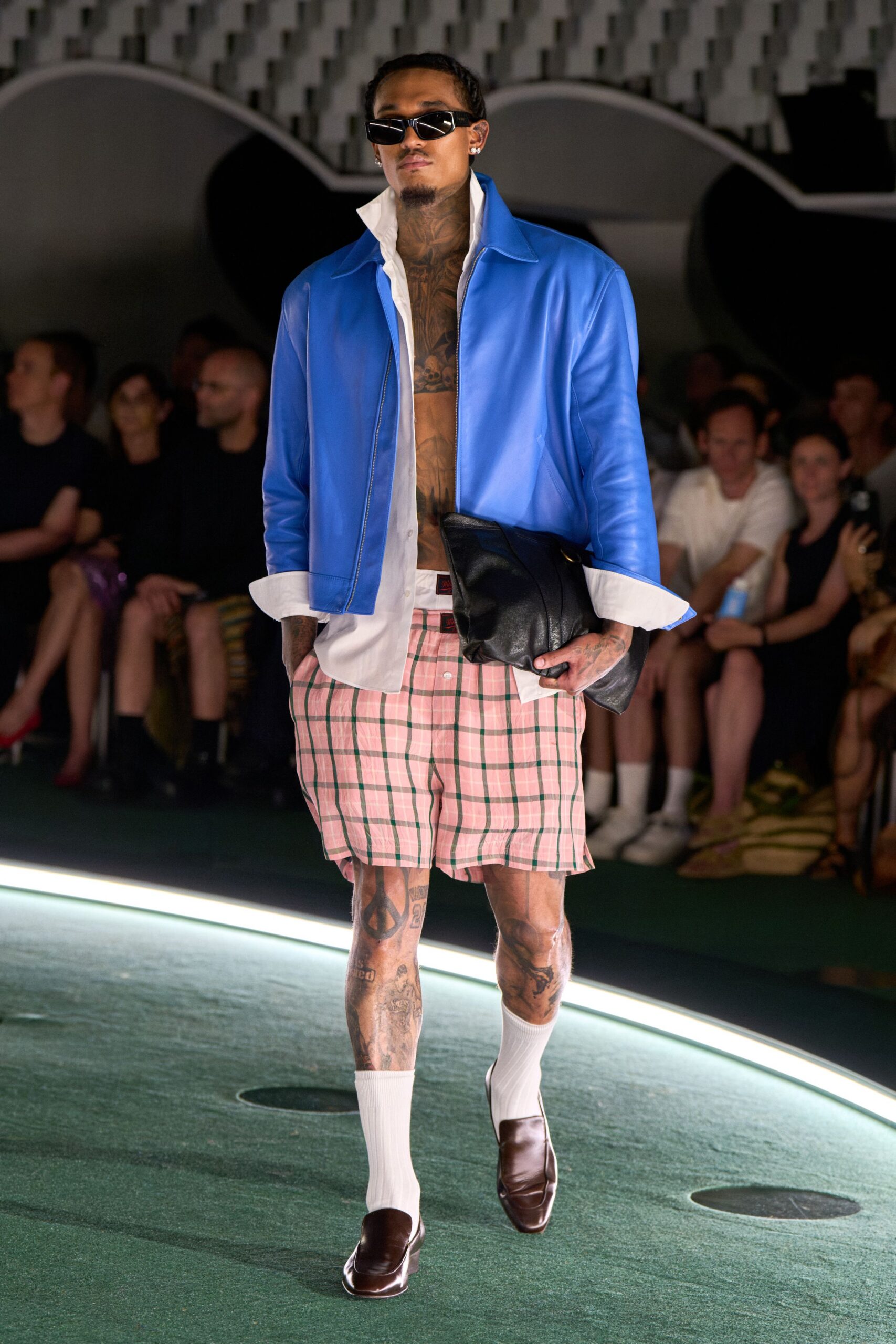 blue leather jacket with checked shorts