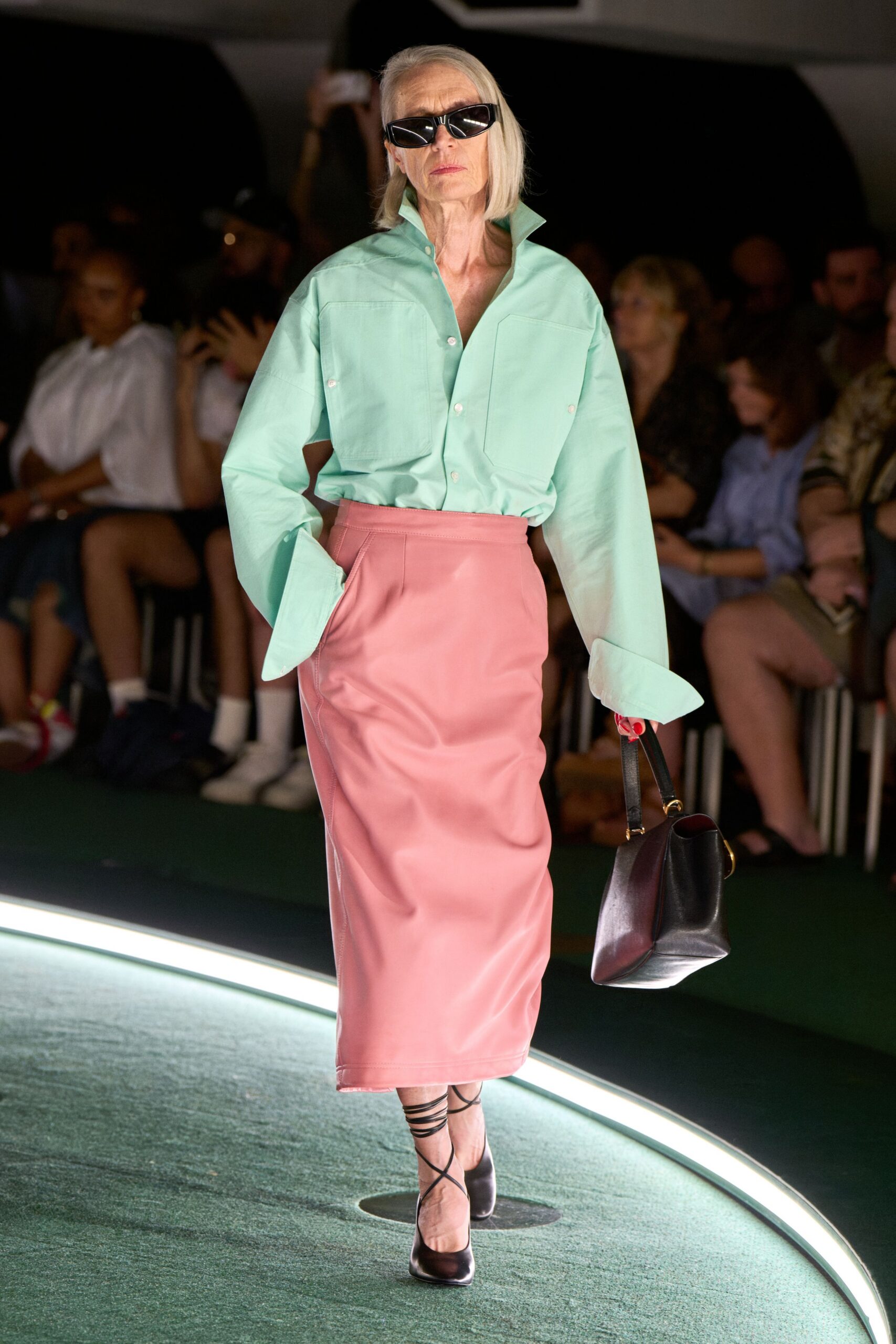 green shirt pink midi skirt
