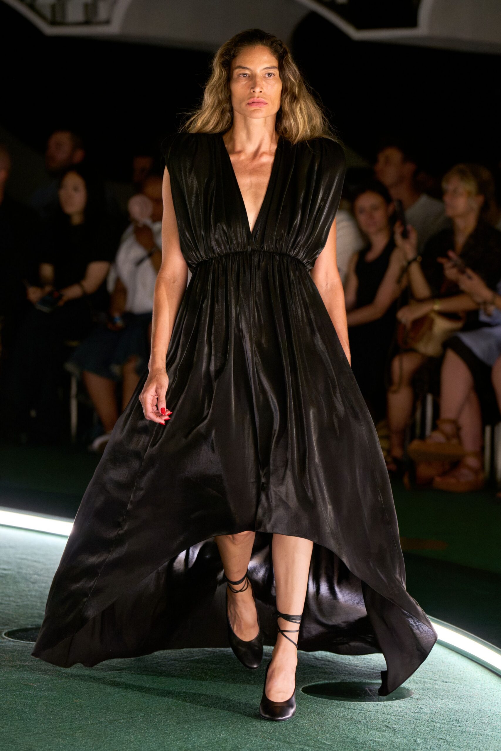 black silk sleeveless v-neck fitted draped flowing gown