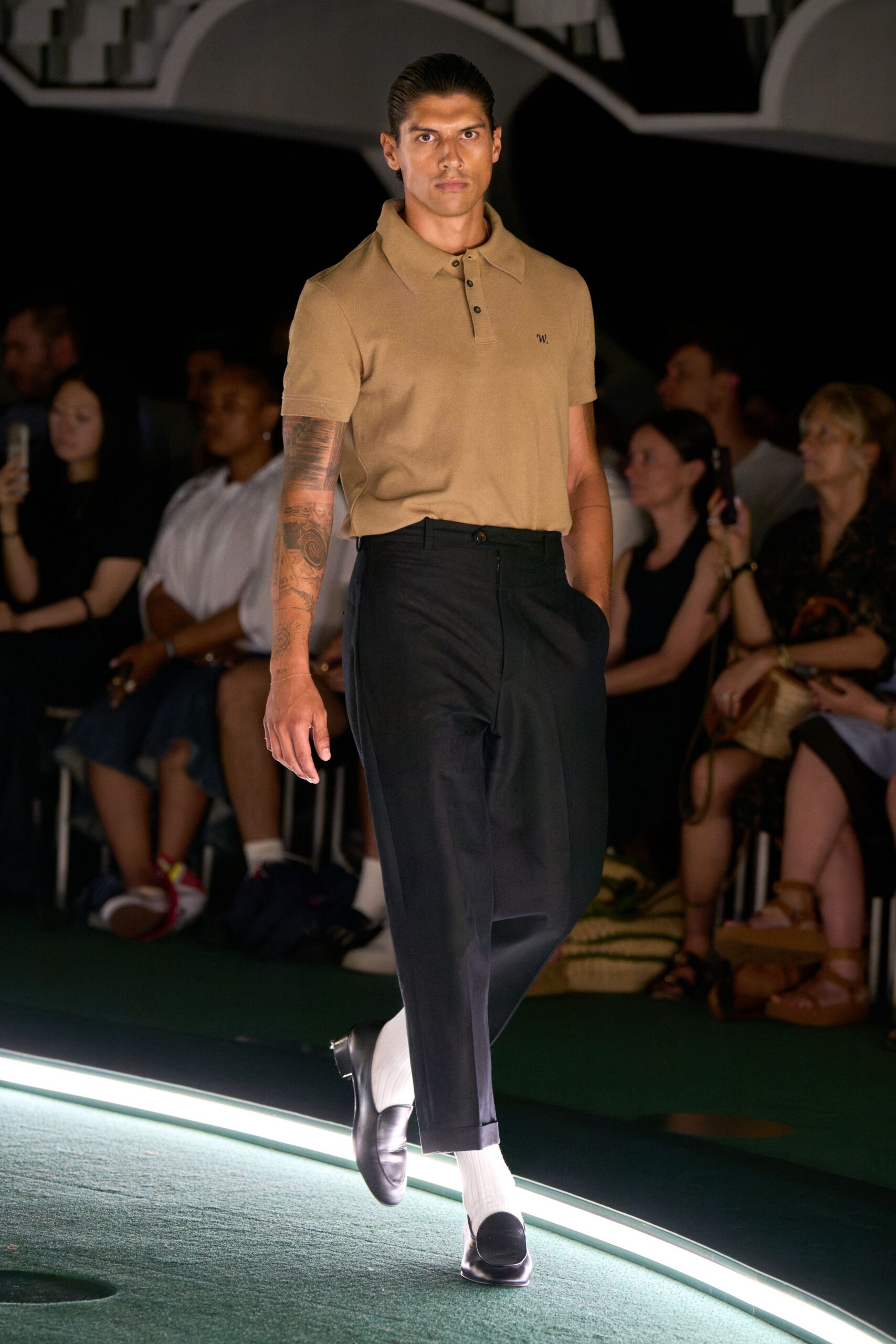beige collared shirt black tailored pants