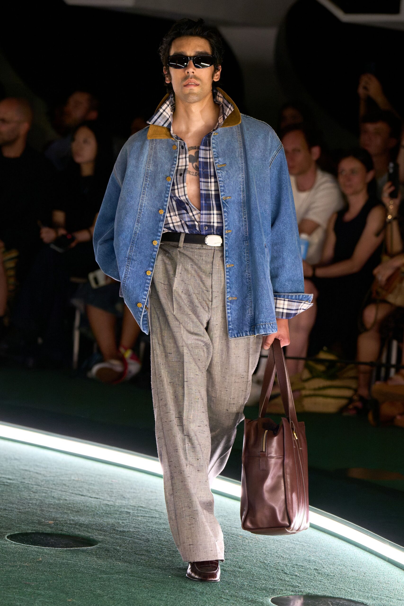 blue denim long-sleeve collared oversized jacket
