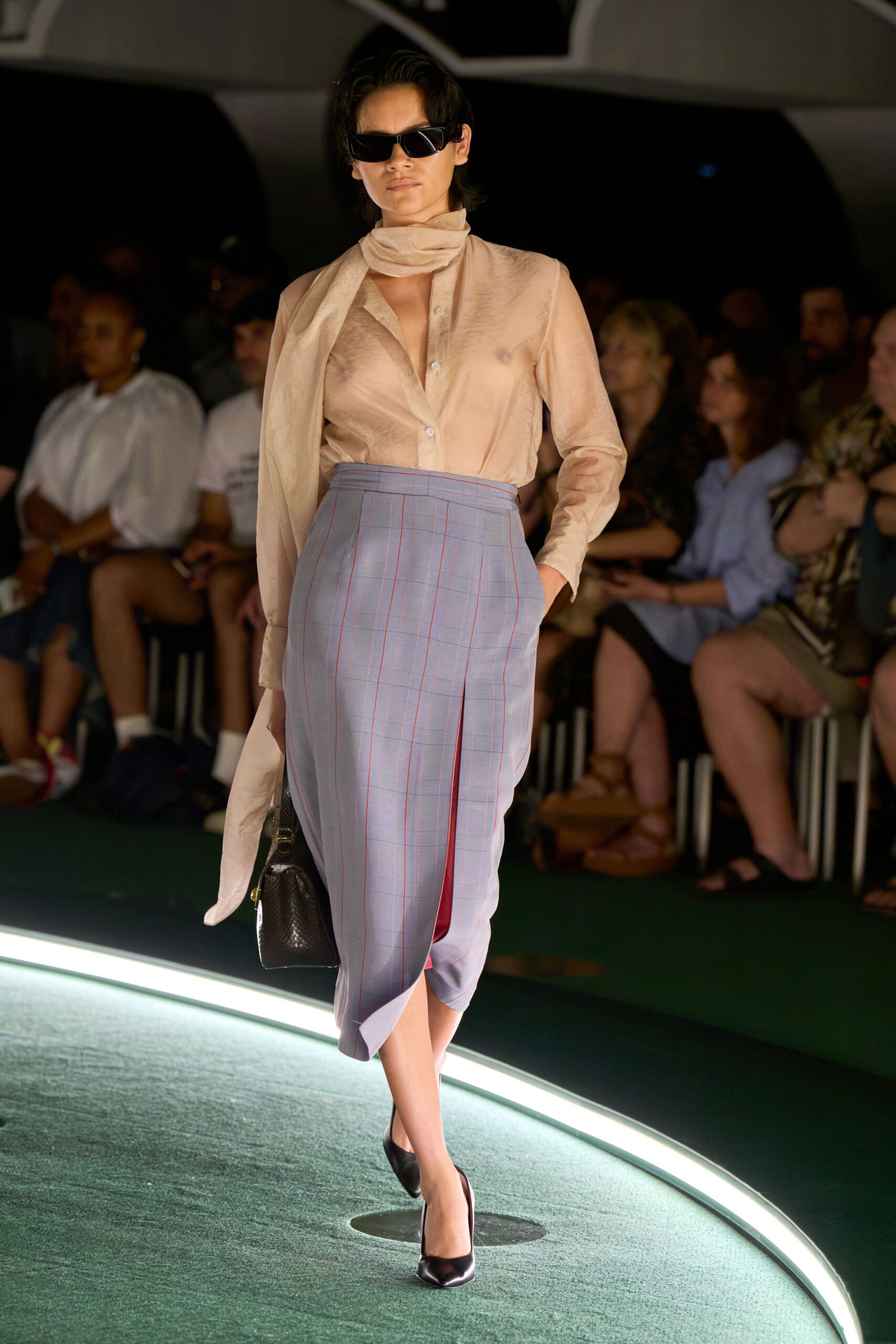 beige silk long-sleeve collared fitted buttoned blouse