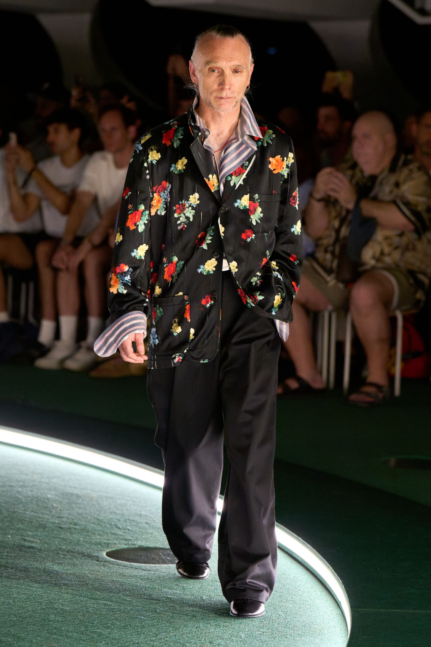 floral black silk jacket and tailored pants