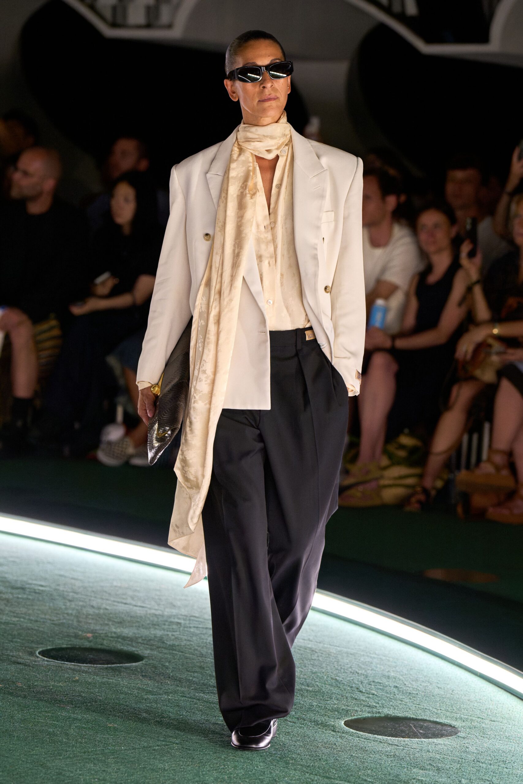 white tailored blazer with beige shirt