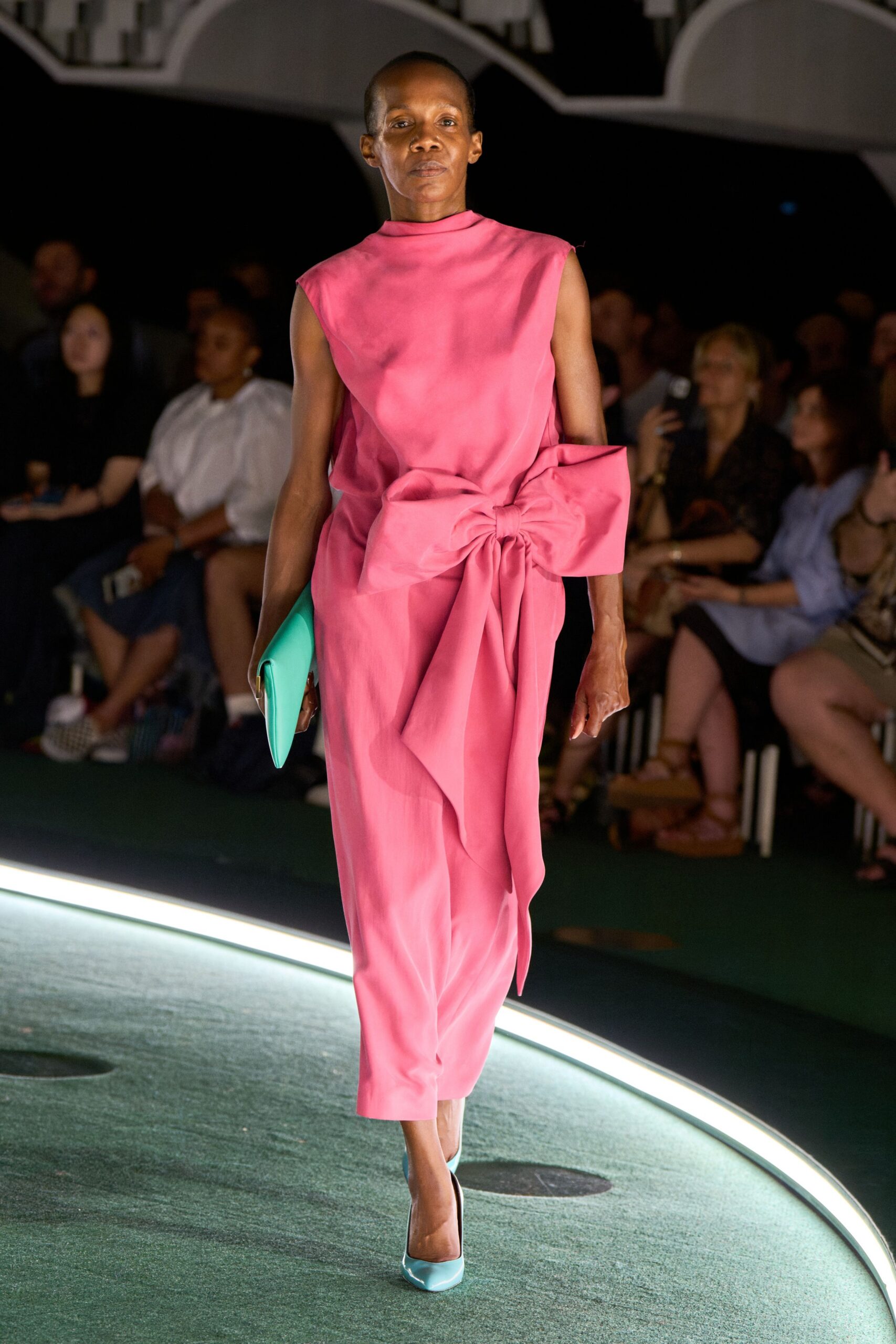 pink silk sleeveless high-neck fitted draped belted dress