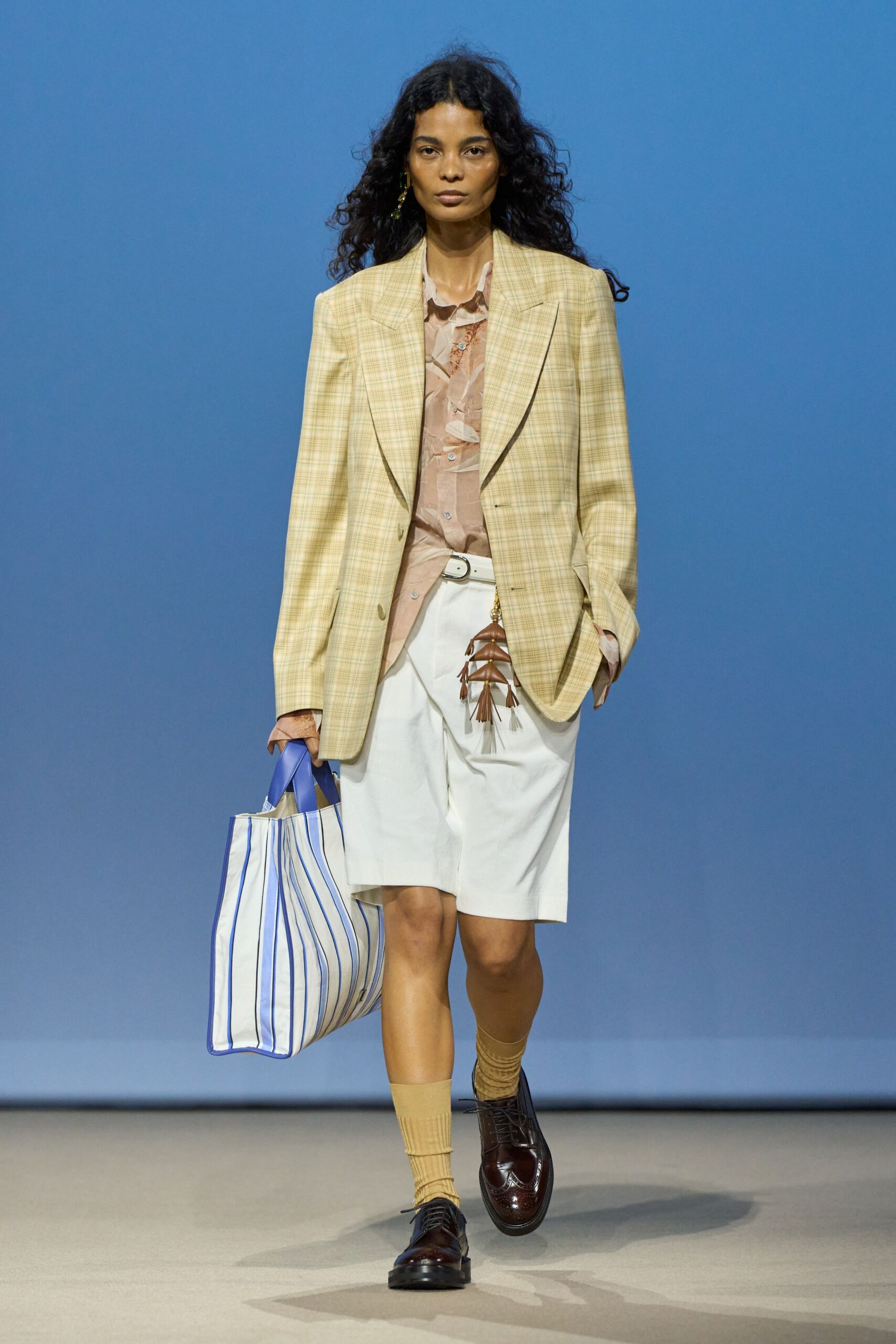 beige cotton long-sleeve collared structured checked blazer
