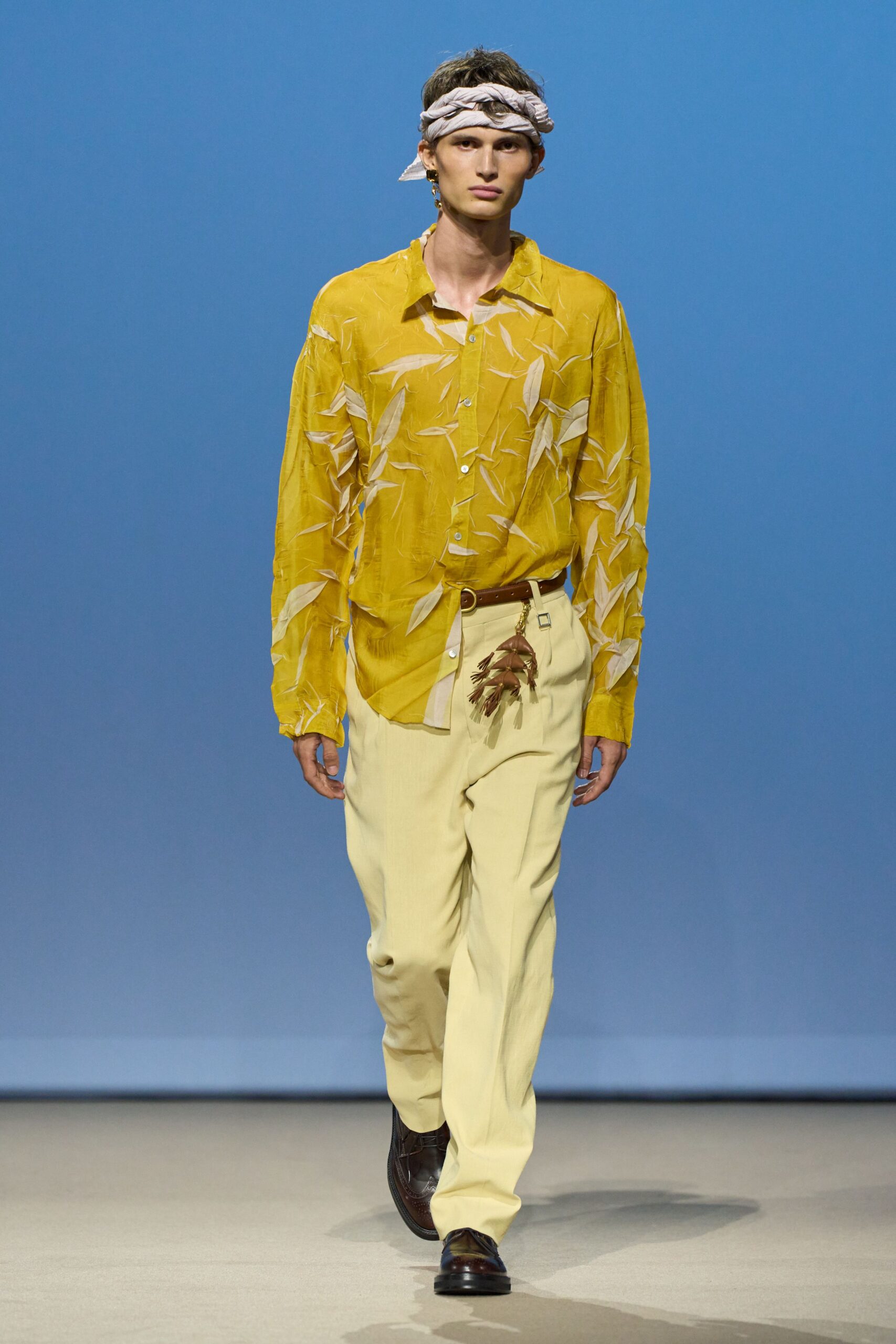 yellow cotton long-sleeve collared relaxed embroidered shirt