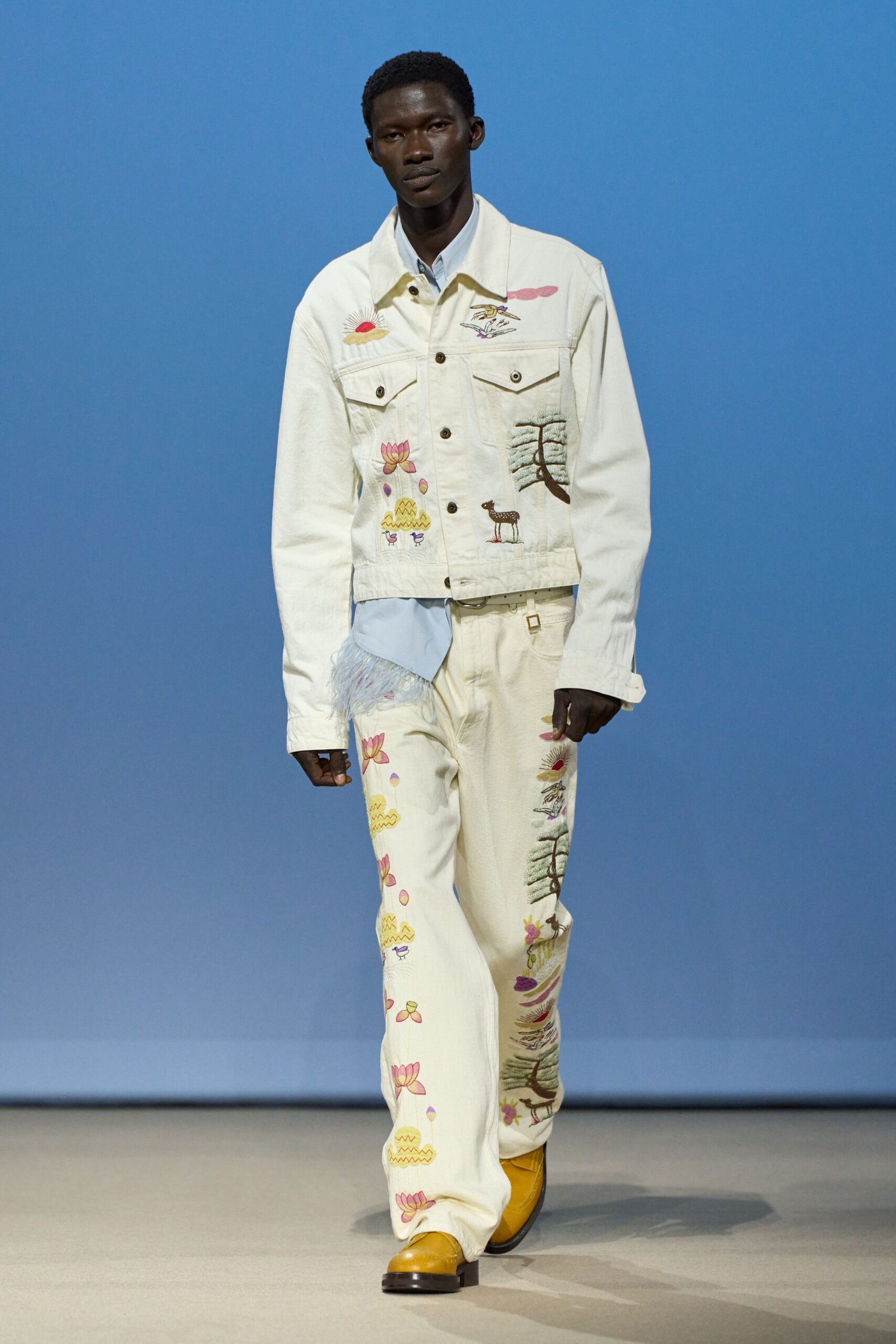 white denim long-sleeve collared relaxed embroidered jacket