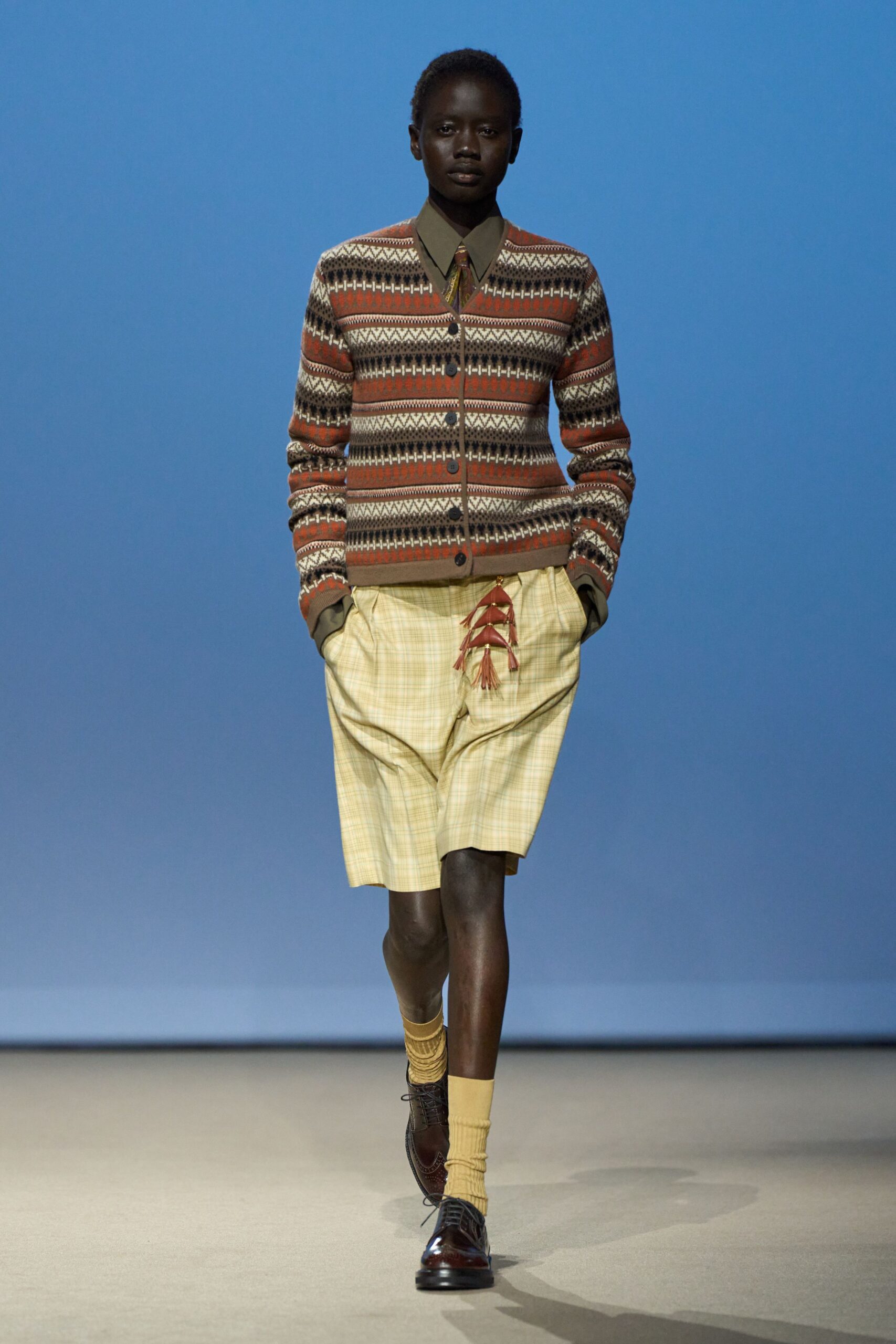 brown wool long-sleeve collared fitted buttoned printed cardigan