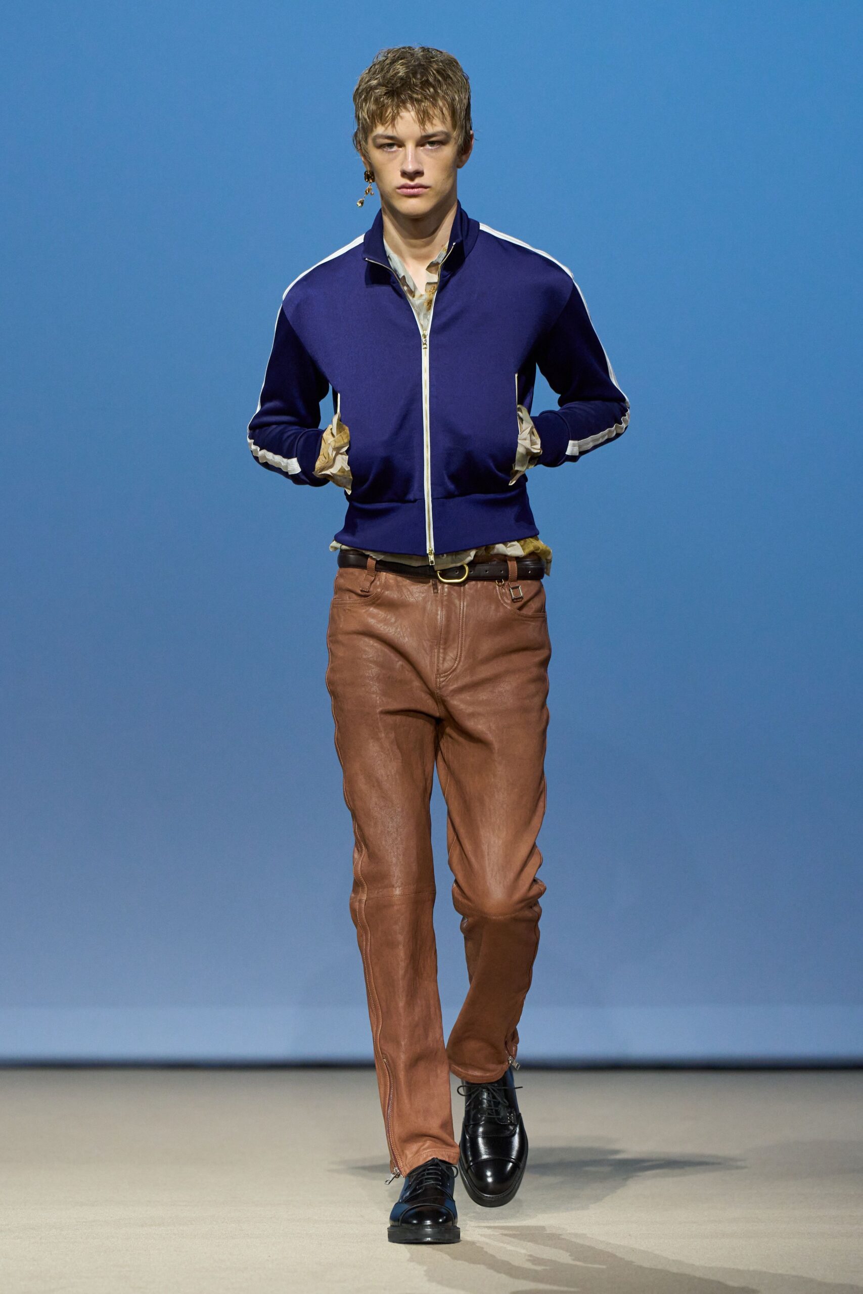 brown leather slim straight-leg pants