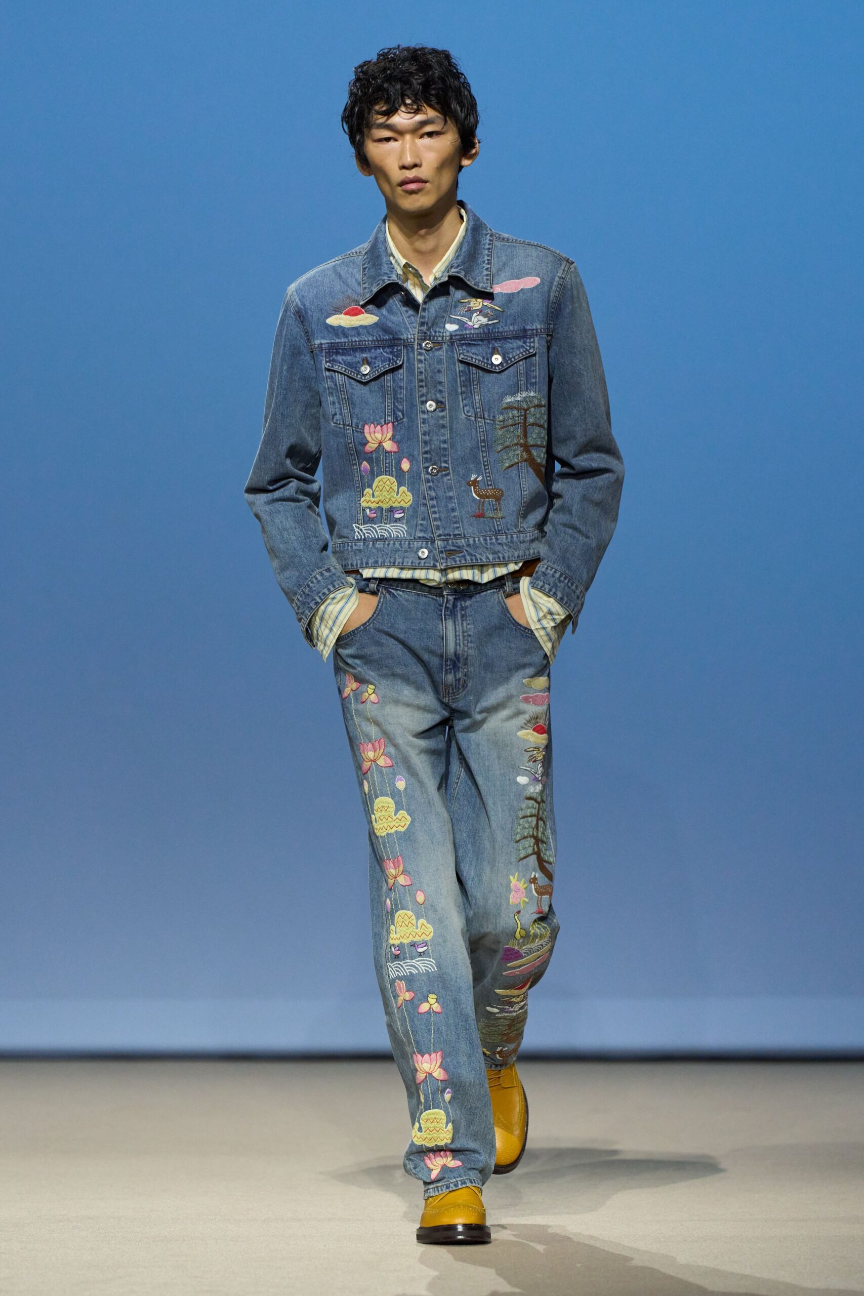 blue denim slim embroidered straight-leg pants