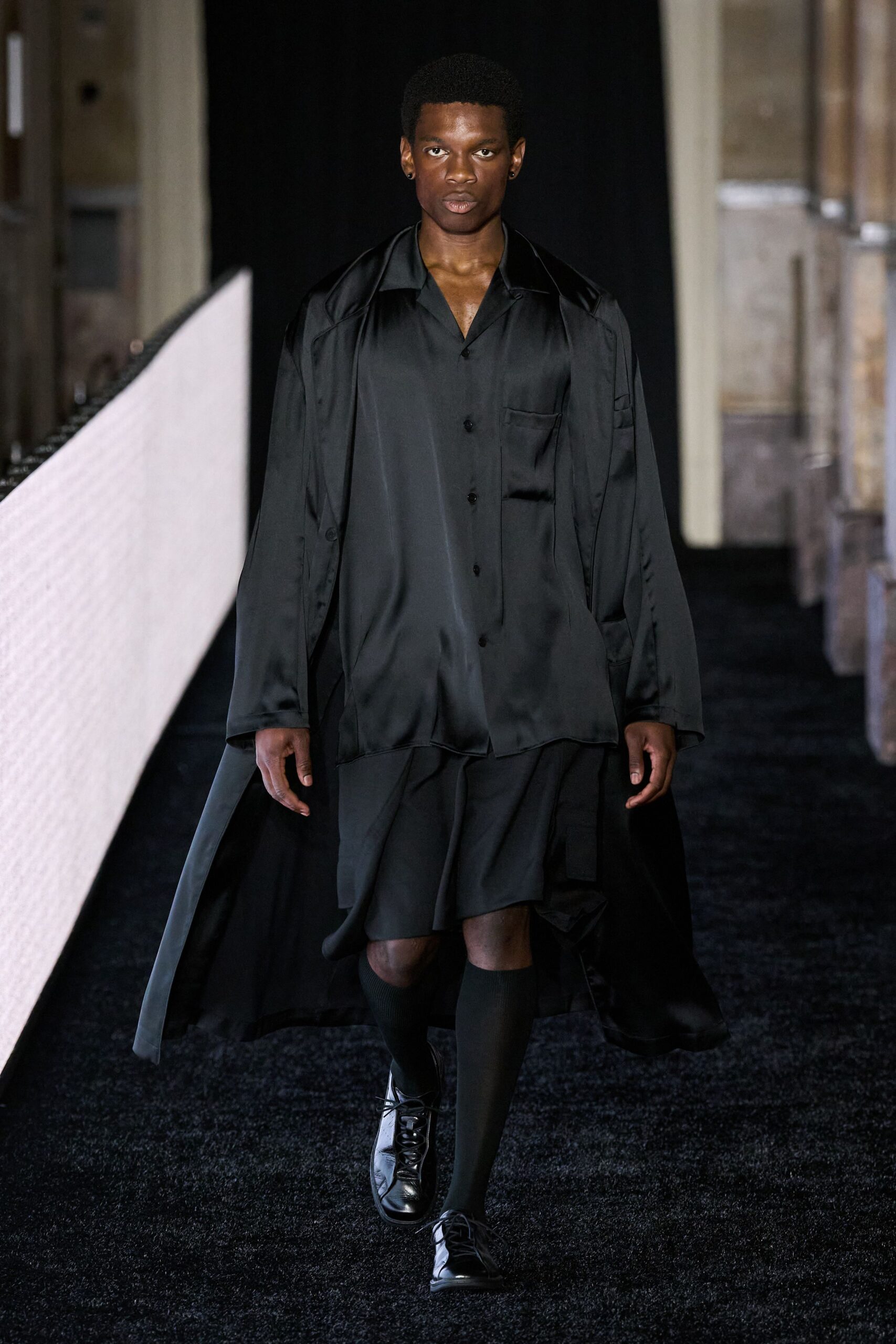 black silk shirt and skirt