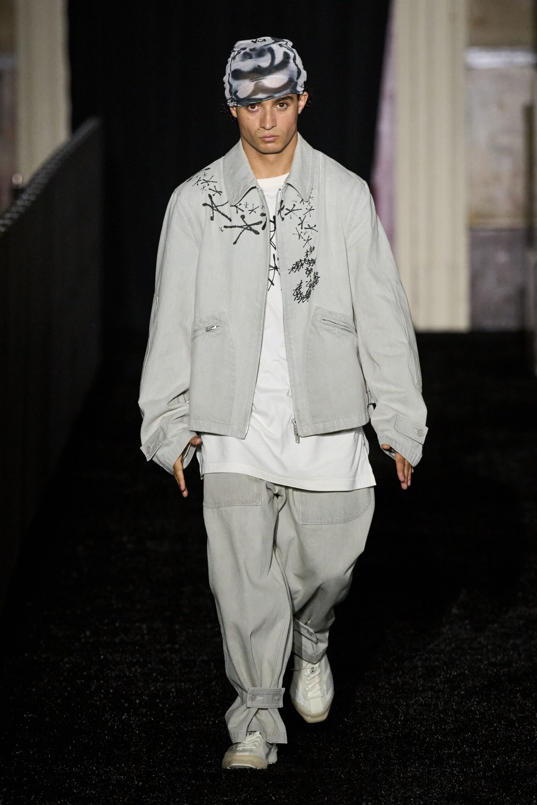 gray denim long-sleeve collared relaxed embroidered jacket