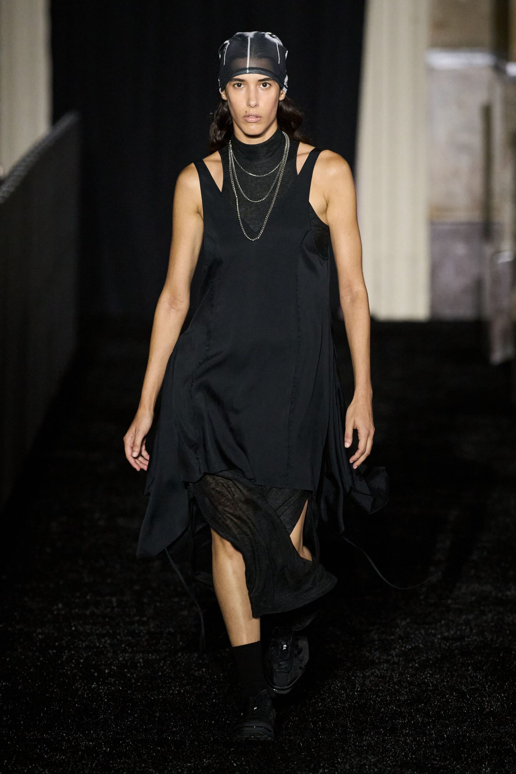 black cotton sleeveless high-neck fitted layered midi dress