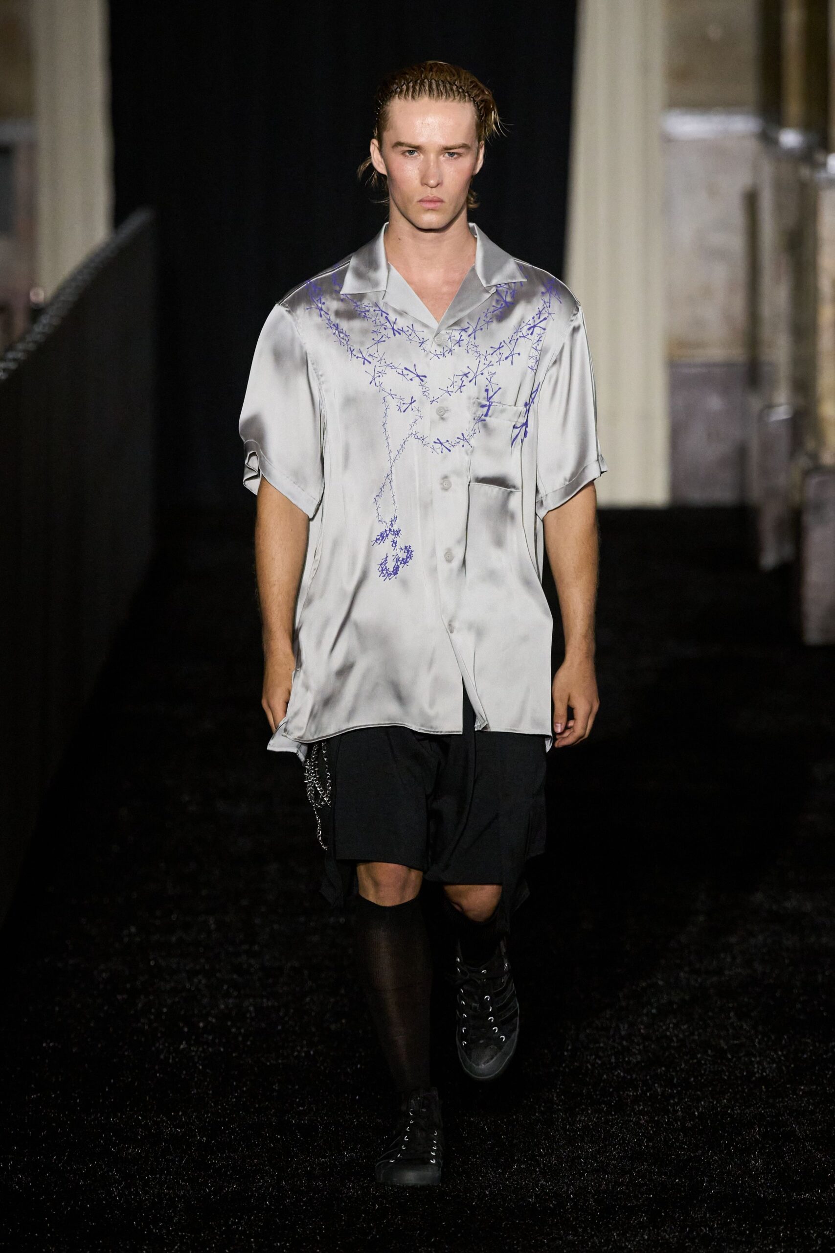 gray silk short-sleeve collared relaxed embroidered shiny shirt